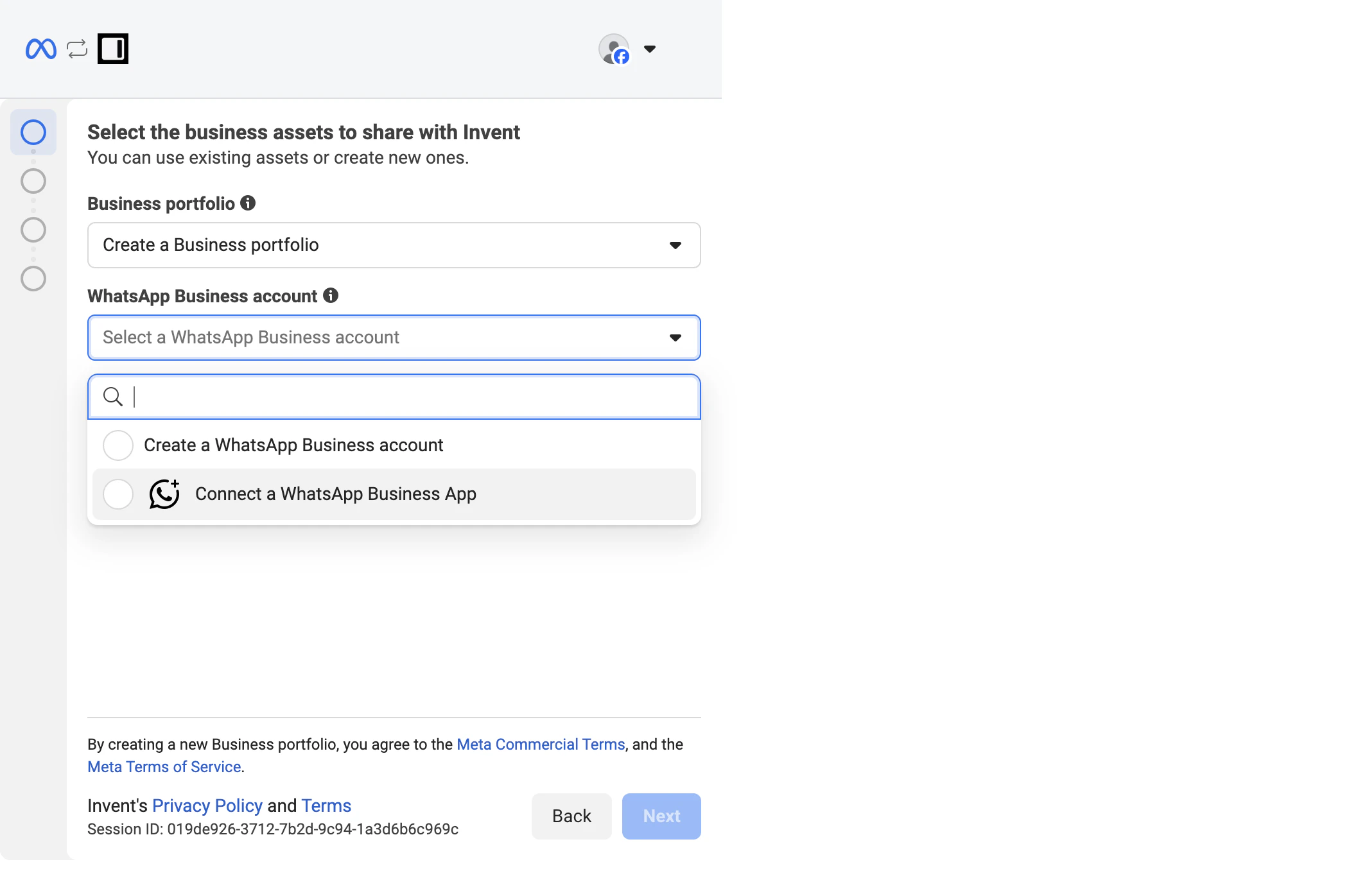 Select the business assets to share with Invent screen with a Business portfolio dropdown and a WhatsApp Business account dropdown showing two options: Create a WhatsApp Business account and Connect a WhatsApp Business App