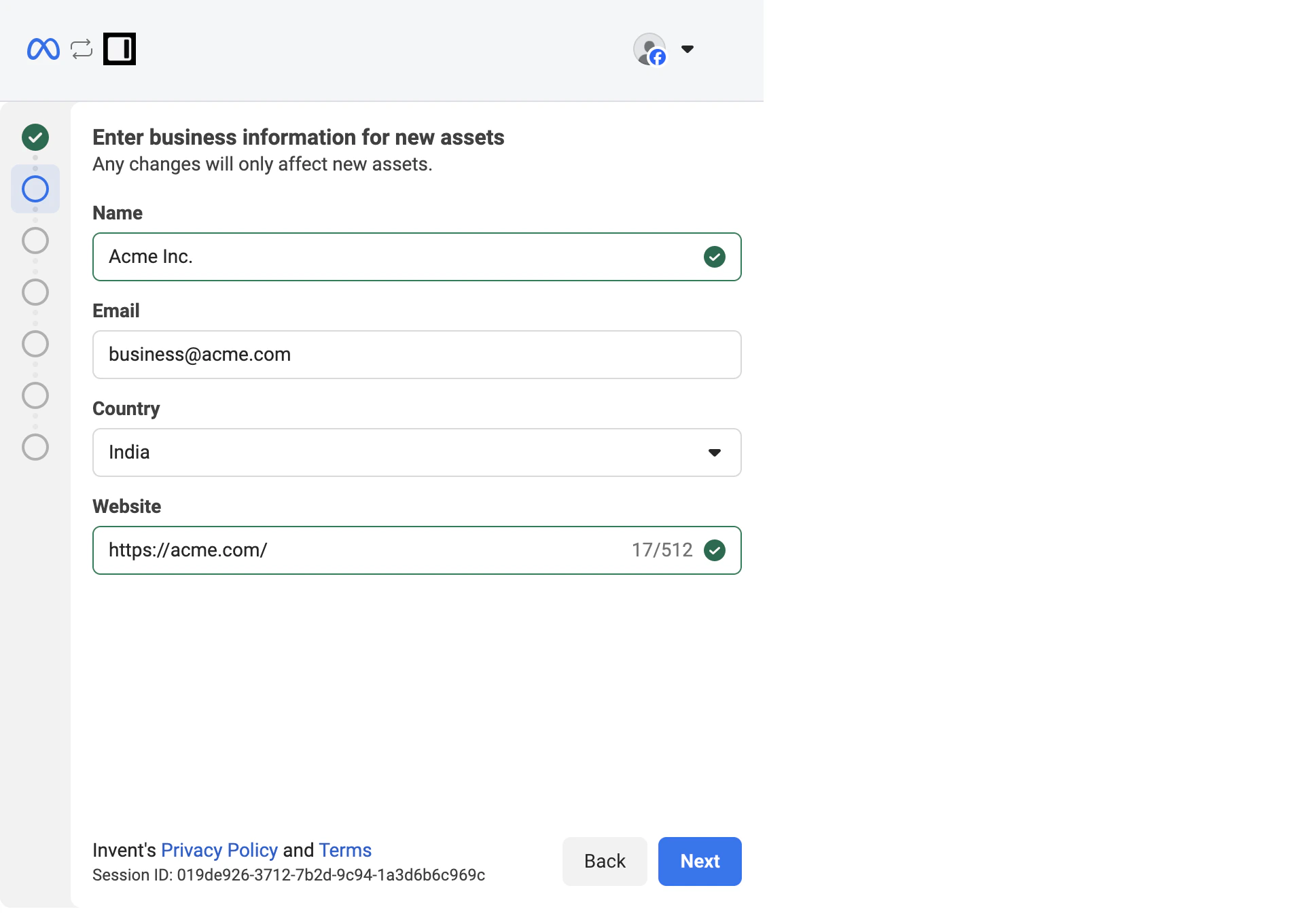 Enter business information for new assets form with Name (Acme Inc.), Email (business@acme.com), Country (India), and Website (https://acme.com/) fields