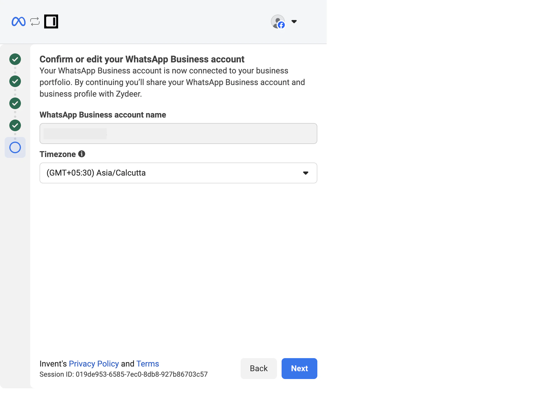 Confirm or edit your WhatsApp Business account screen with a WhatsApp Business account name field and a Timezone dropdown set to GMT+05:30 Asia/Calcutta