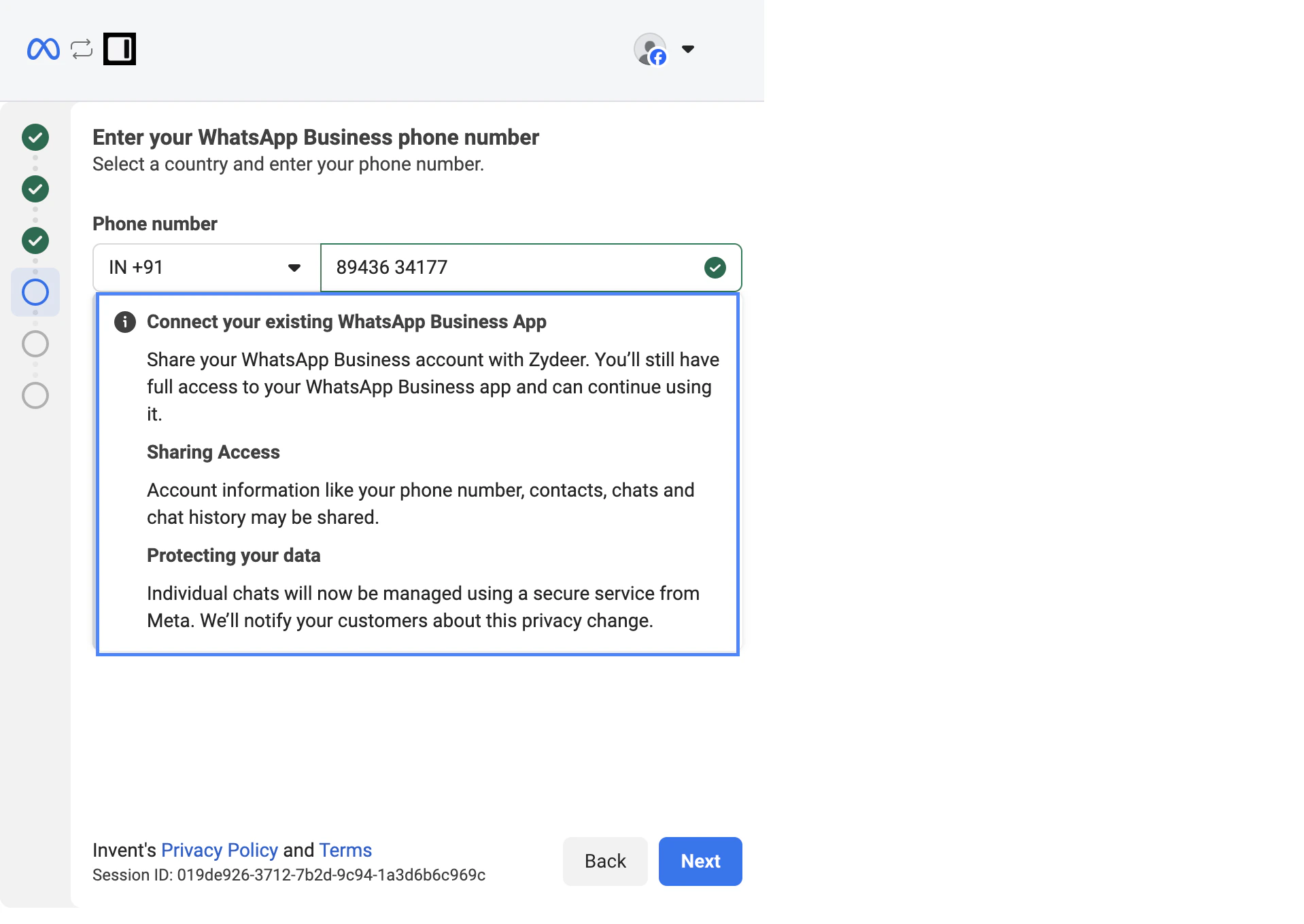Connect your existing WhatsApp Business App banner explaining sharing access with Invent, account information shared, and that individual chats will be managed using a secure service from Meta
