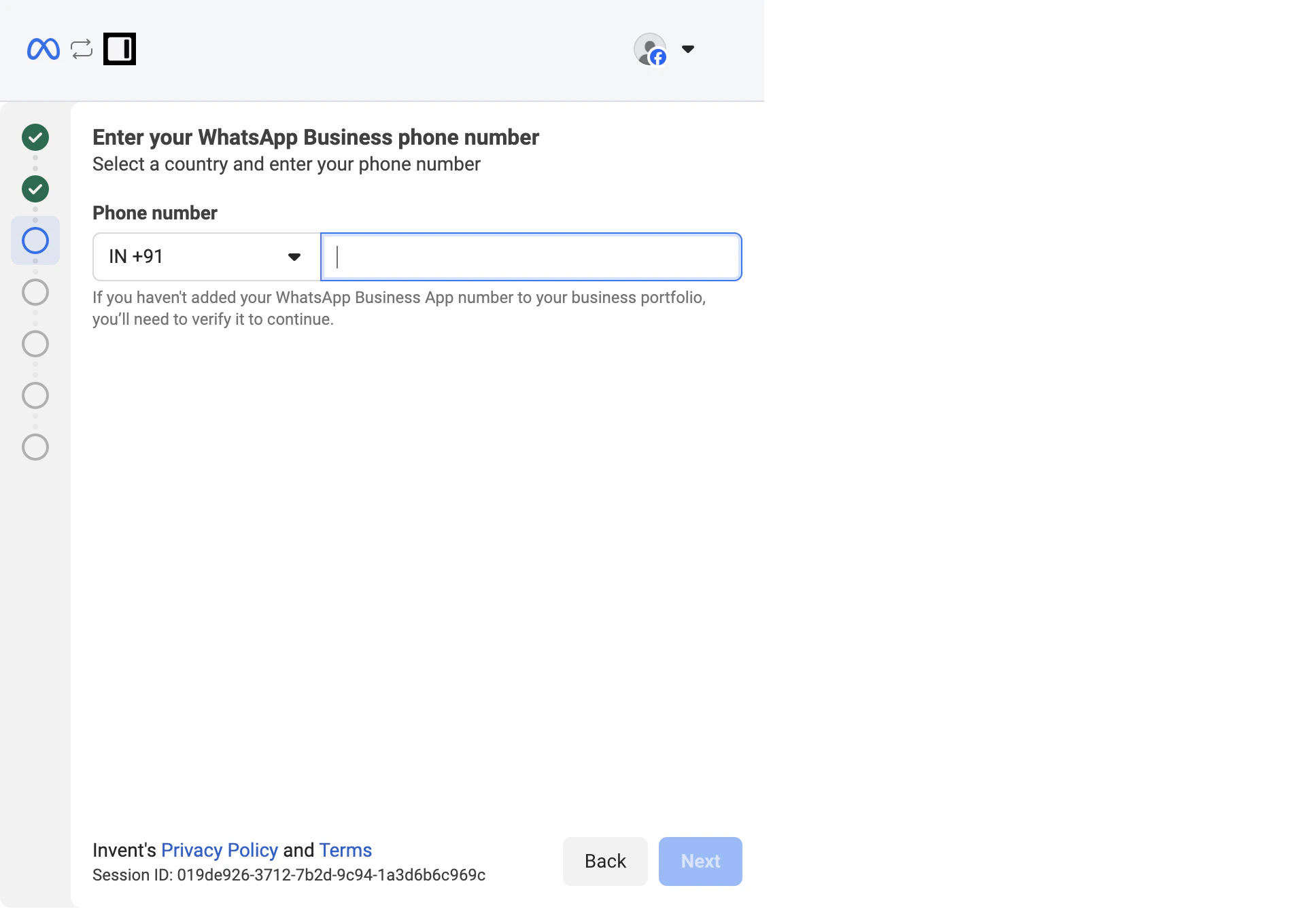 Enter your WhatsApp Business phone number screen with country code IN +91 selected and an empty phone number field
