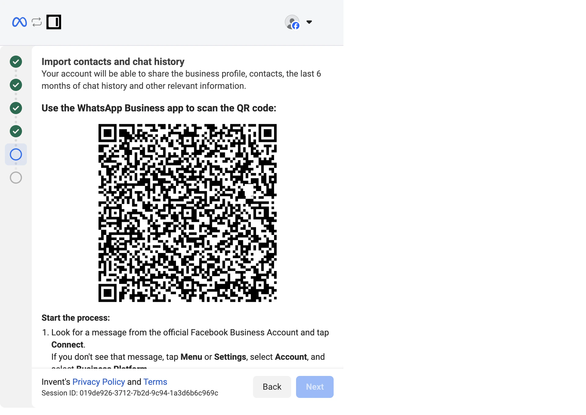 Import contacts and chat history screen showing a QR code labeled Use the WhatsApp Business app to scan the QR code, with instructions to look for a message from the official Facebook Business Account and tap Connect