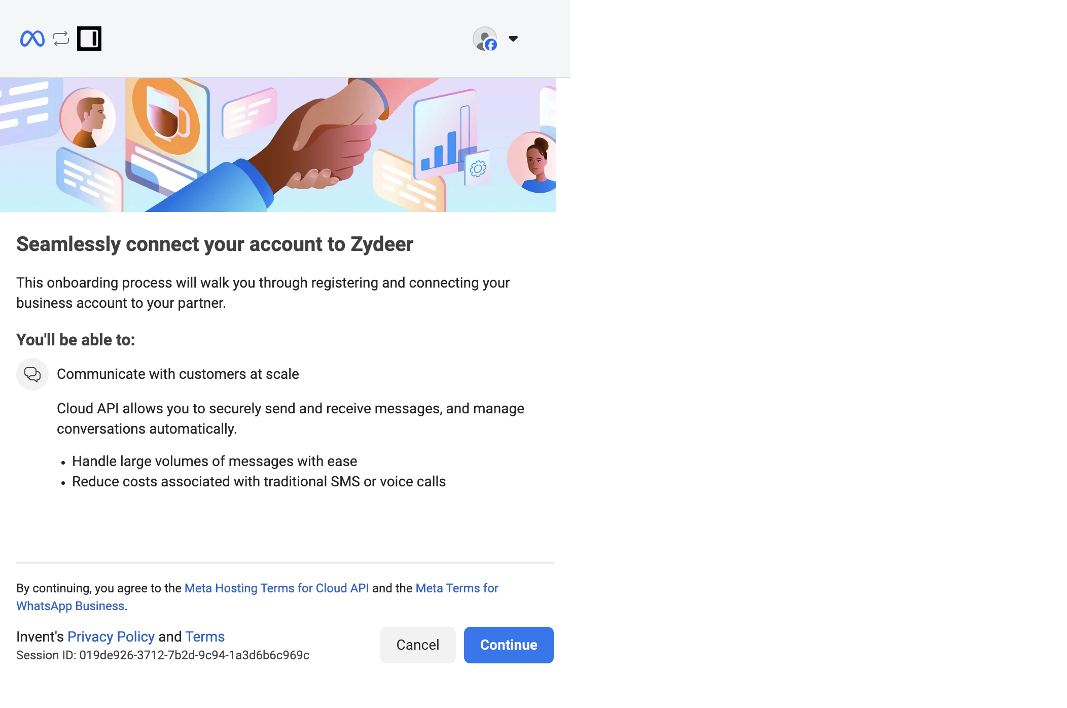 Seamlessly connect your account intro screen explaining that the onboarding will register and connect a business account, with Cancel and Continue buttons