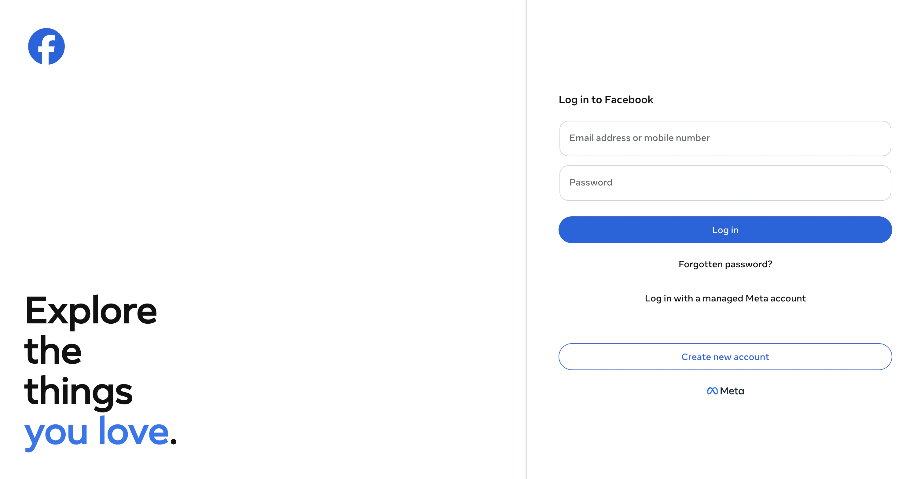 Facebook login screen with email and password fields and a Log in button
