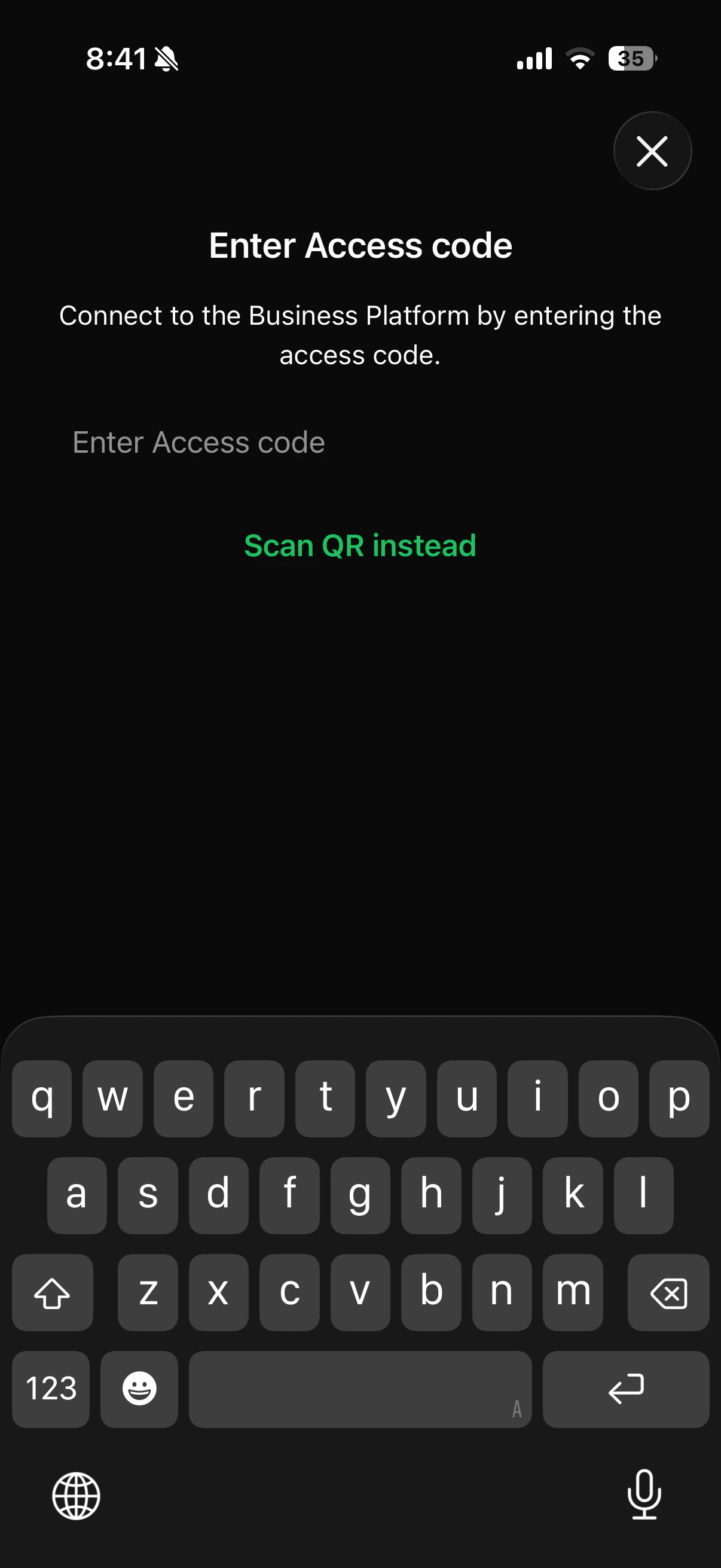 Enter Access code screen on the phone with a single text field and a Scan QR instead link
