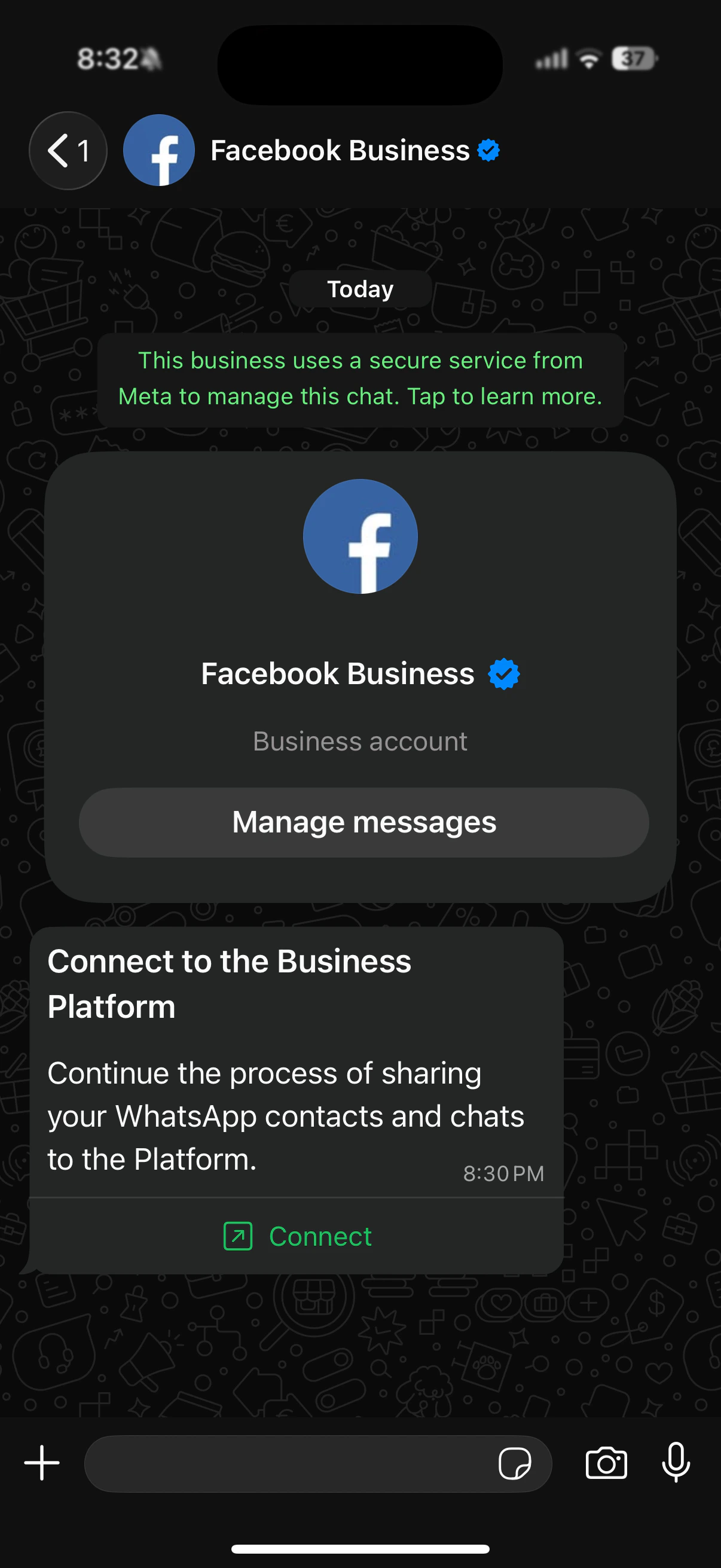 WhatsApp Business app showing a chat from the verified Facebook Business account with a Manage messages card and a Connect to the Business Platform message