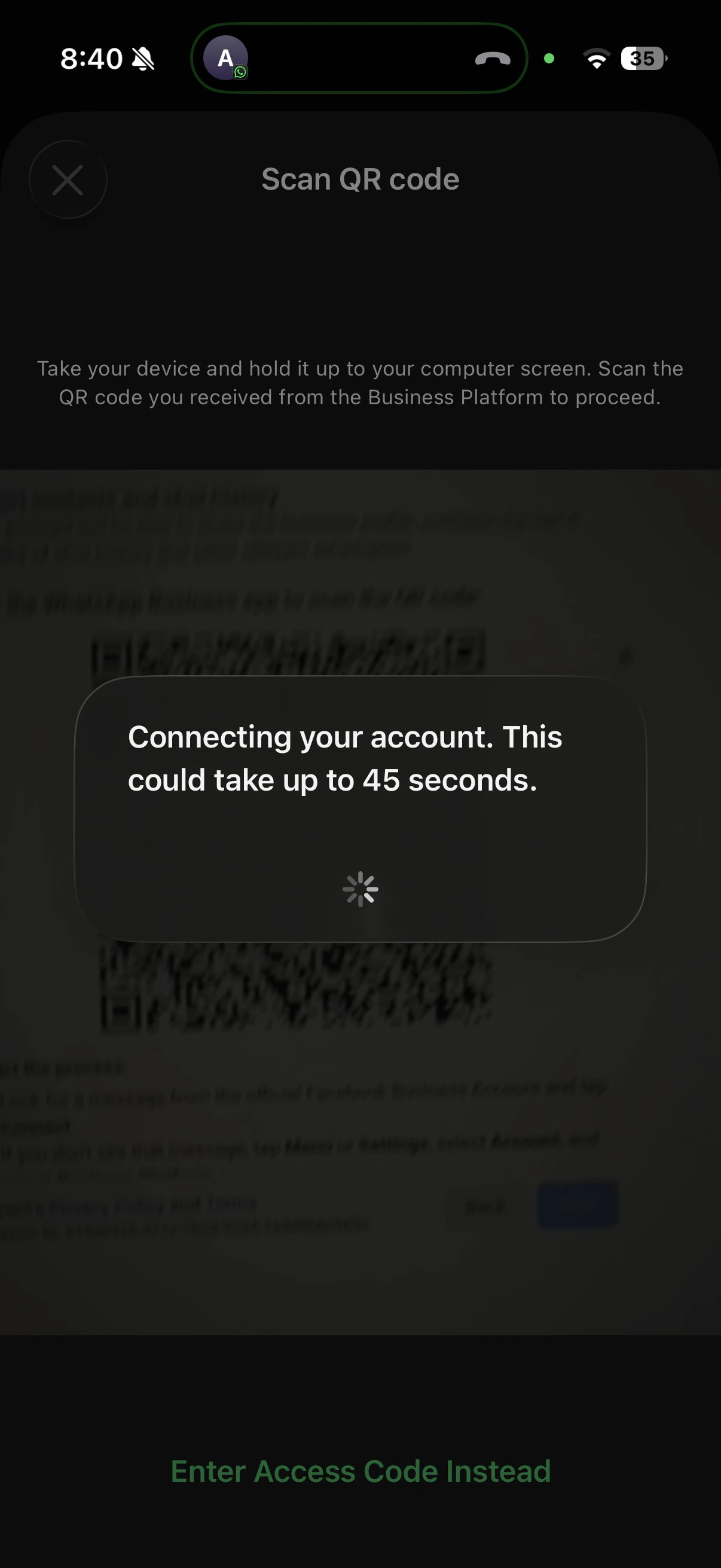 Scan QR code screen on the phone with a Connecting your account dialog overlay reading This could take up to 45 seconds, and an Enter Access Code Instead link at the bottom