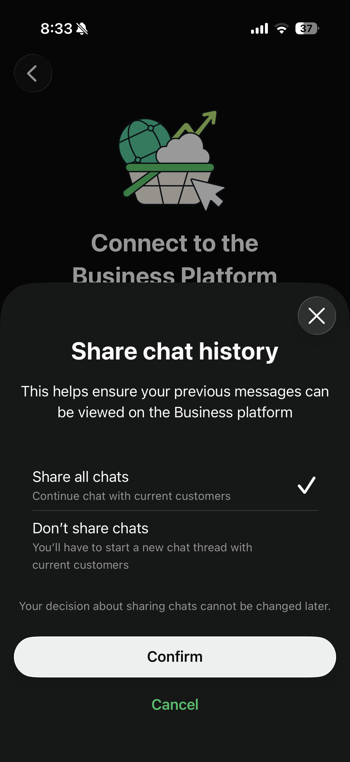 Share chat history sheet with two options: Share all chats (continue chat with current customers) and Don't share chats (start a new chat thread with current customers)