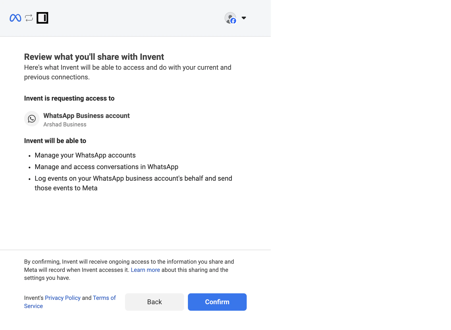 Review what you'll share with Invent screen listing access to the WhatsApp Business account named Arshad Business and the permissions Manage your WhatsApp accounts, Manage and access conversations in WhatsApp, and Log events on your WhatsApp business account's behalf