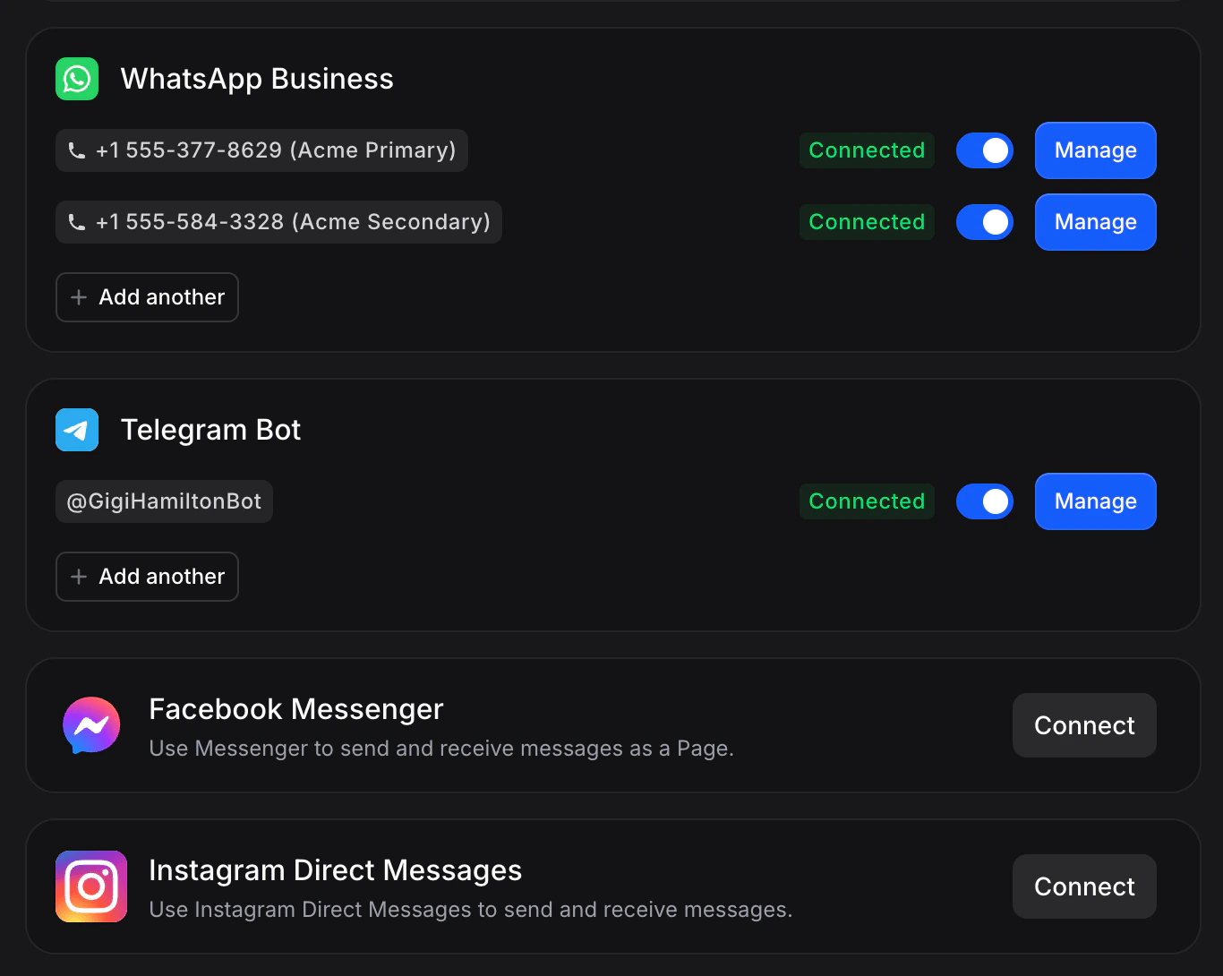 Assistant with multiple WhatsApp numbers and Facebook Pages connected
