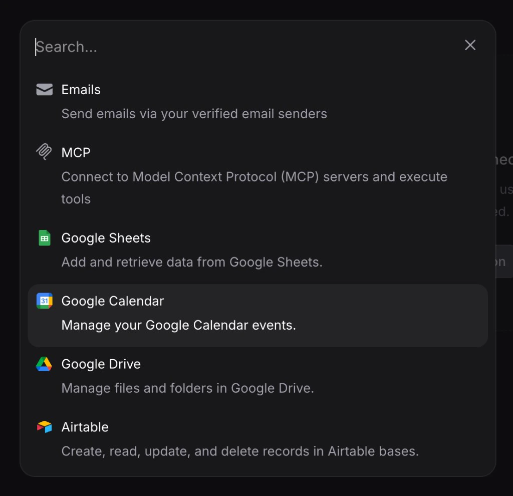 Add integration modal: search field and list of services with icons and descriptions, Google Calendar row highlighted