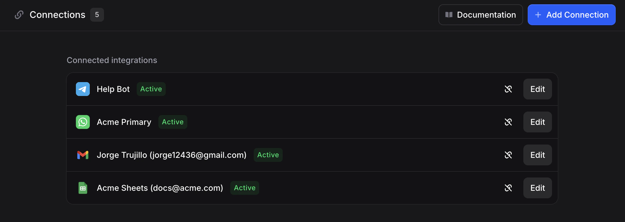 Connections page showing header with count, Documentation and Add integration buttons, and a list of connected integrations with Active status, Edit, and disconnect
