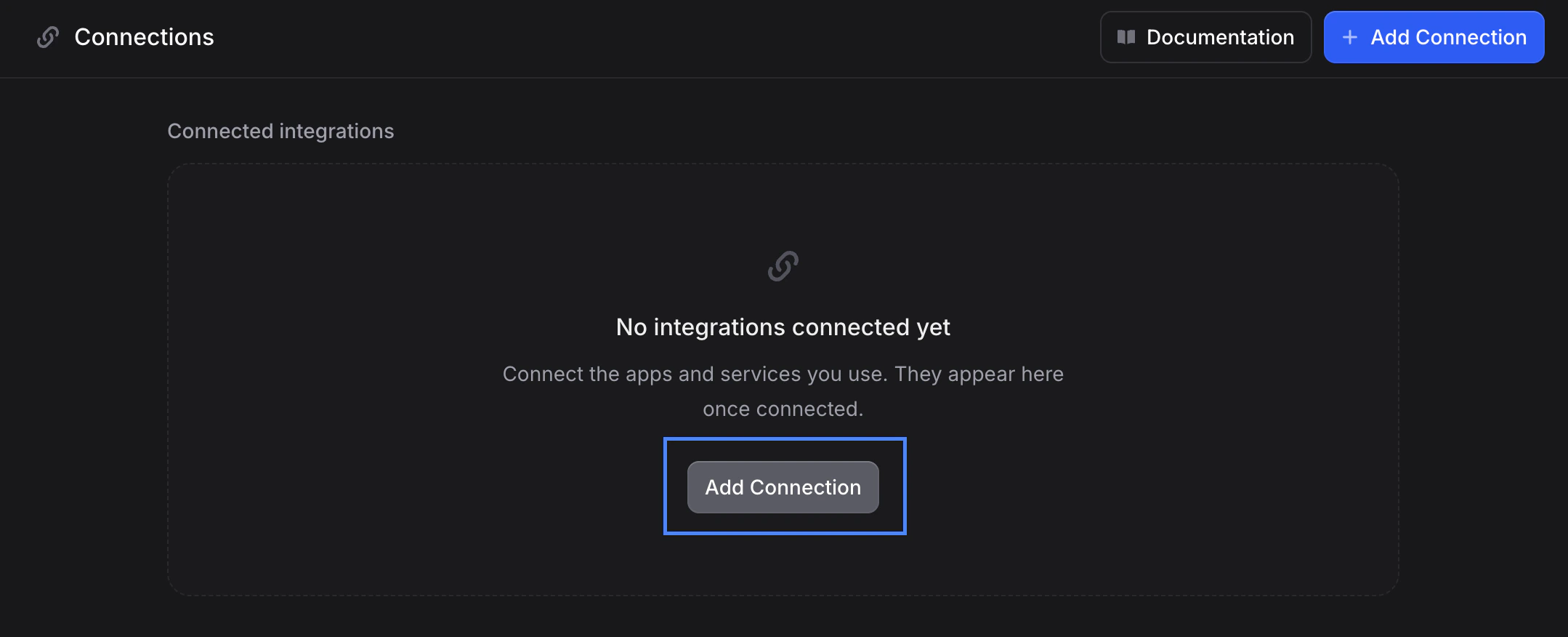Empty Connected integrations area with chain icon, message No integrations connected yet, and Add integration button