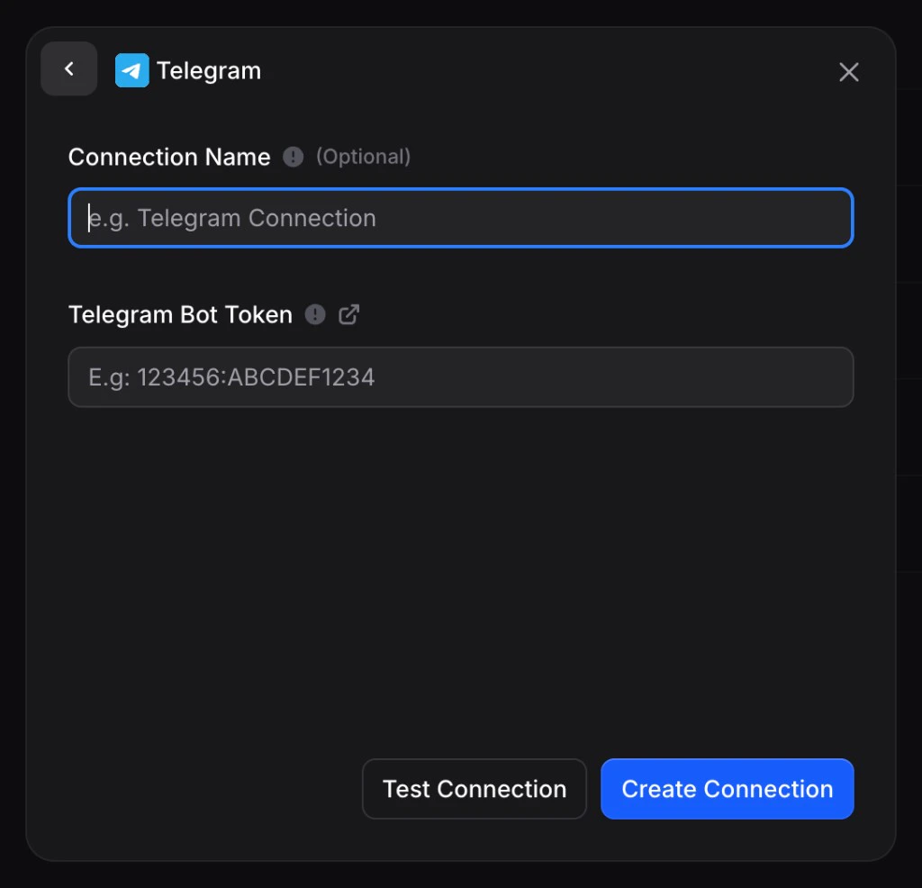 Telegram new connection: optional name, Telegram Bot token field, Test Connection and Create Connection