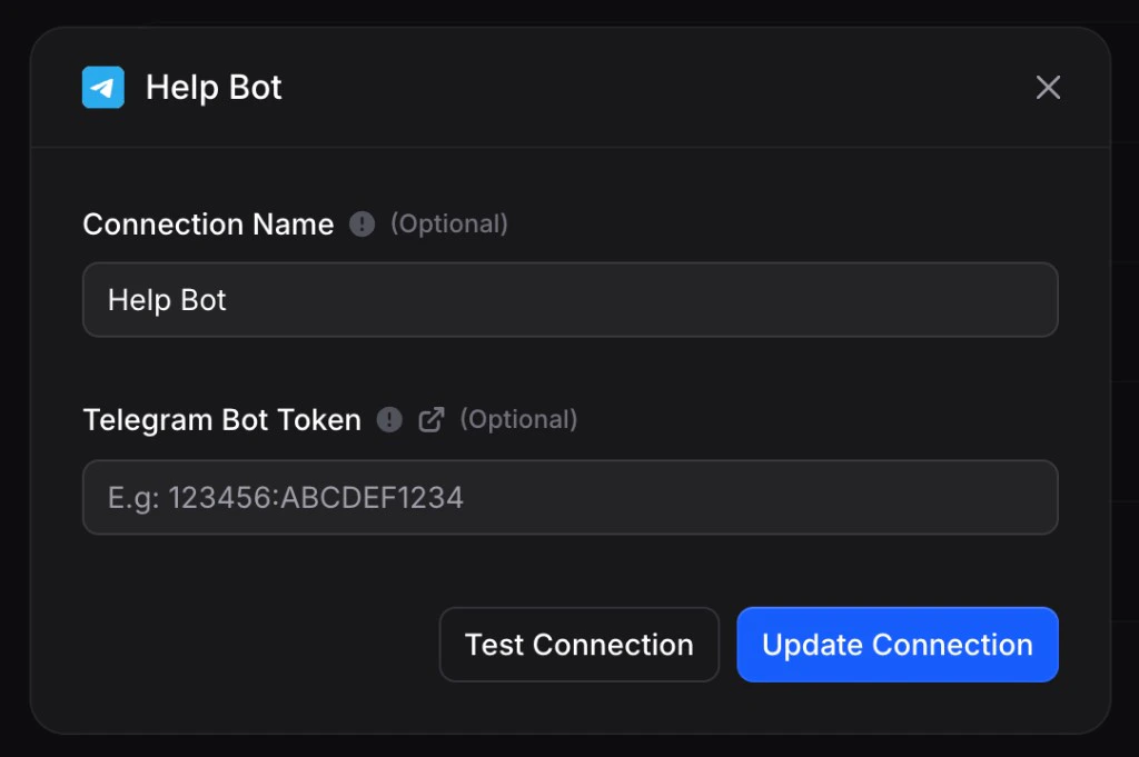 Telegram connection edit: Help Bot name, optional token field, Test Connection and Update Connection