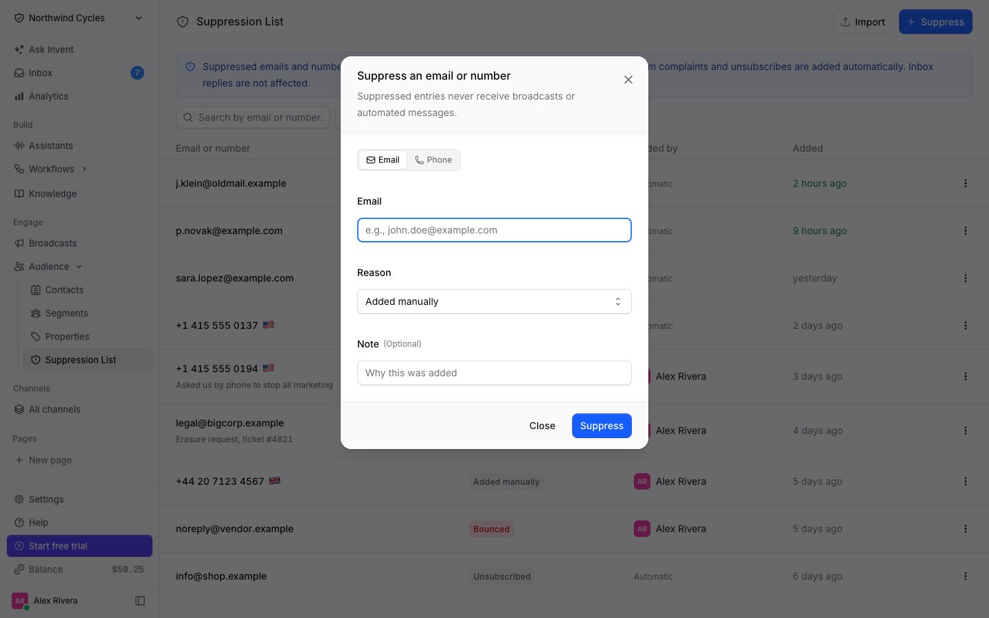 Suppress an email or number