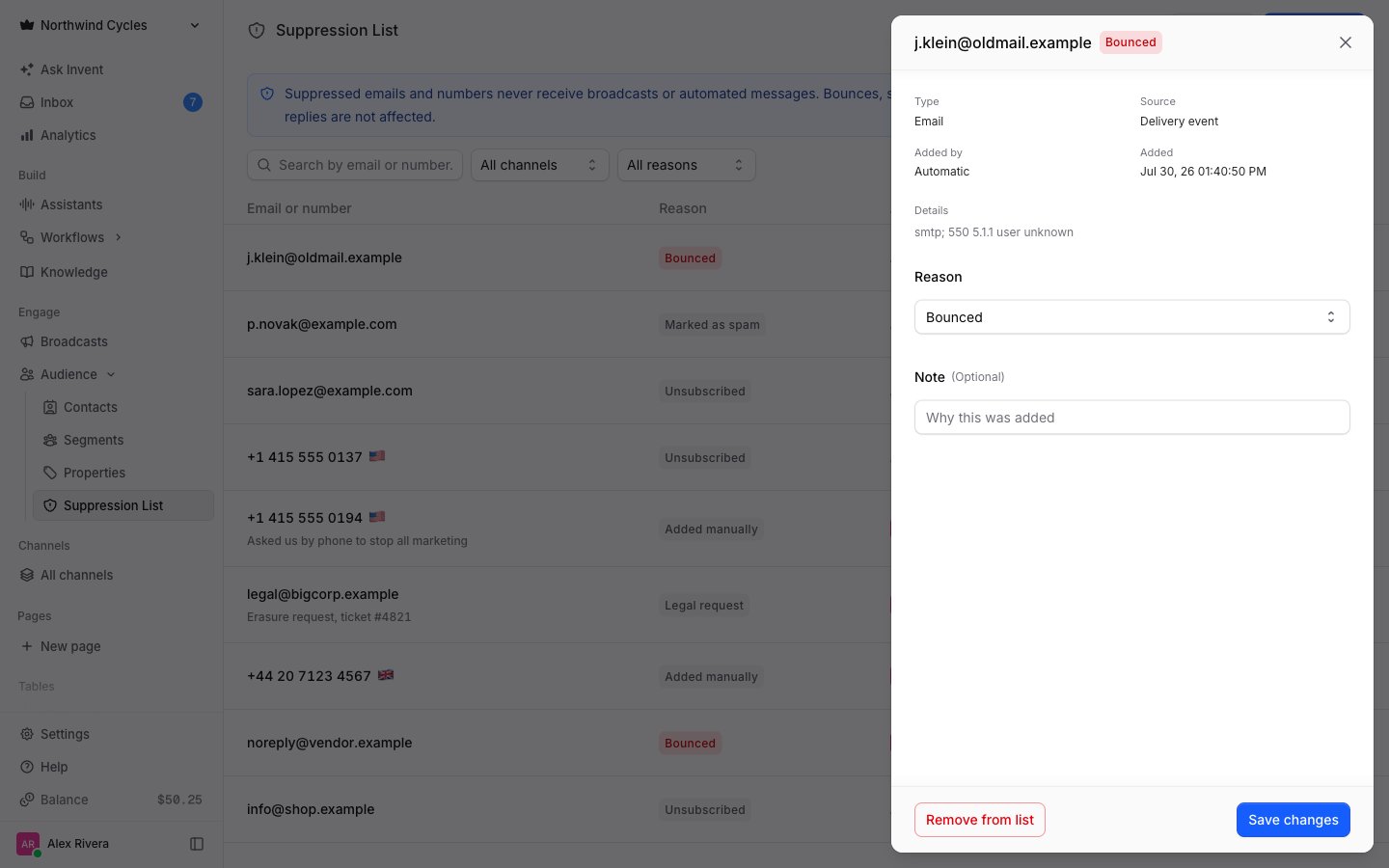 Suppression entry details