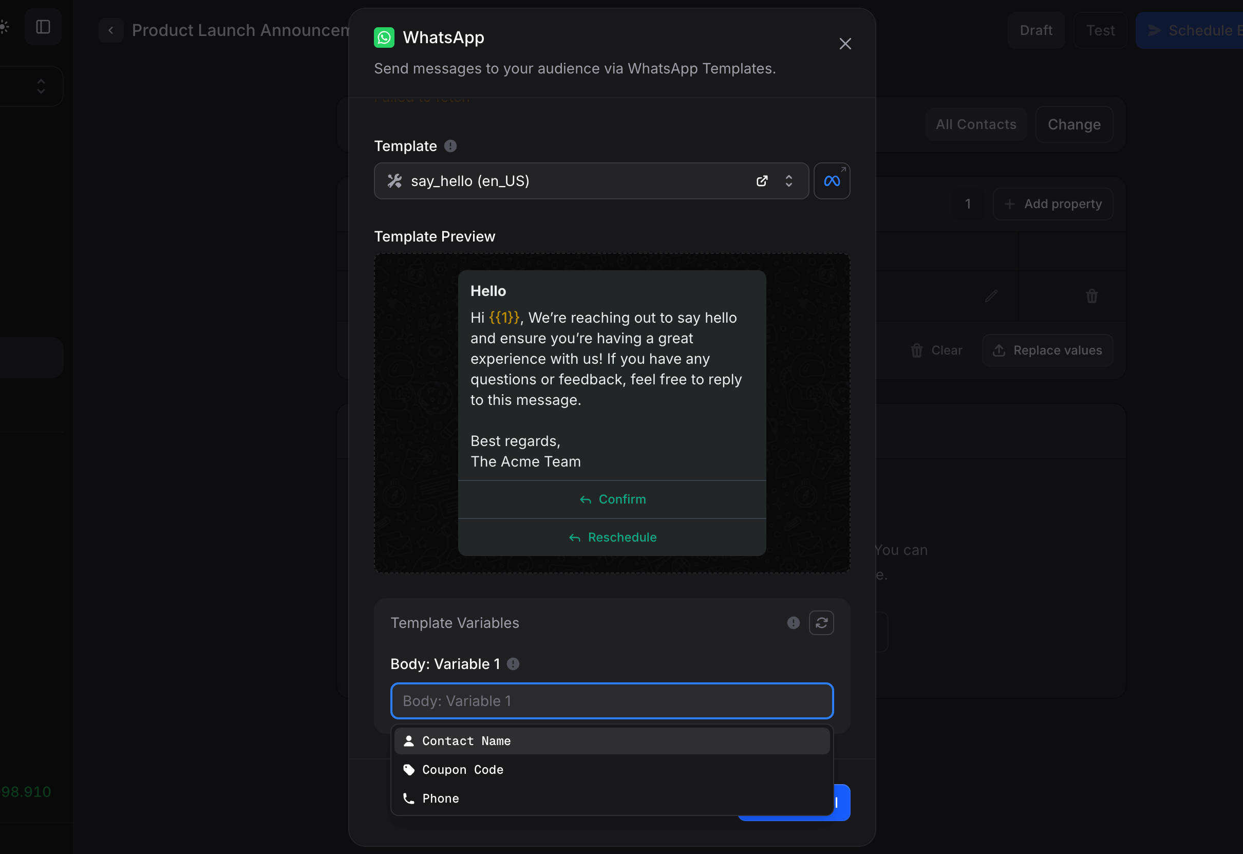 WhatsApp Template Selection