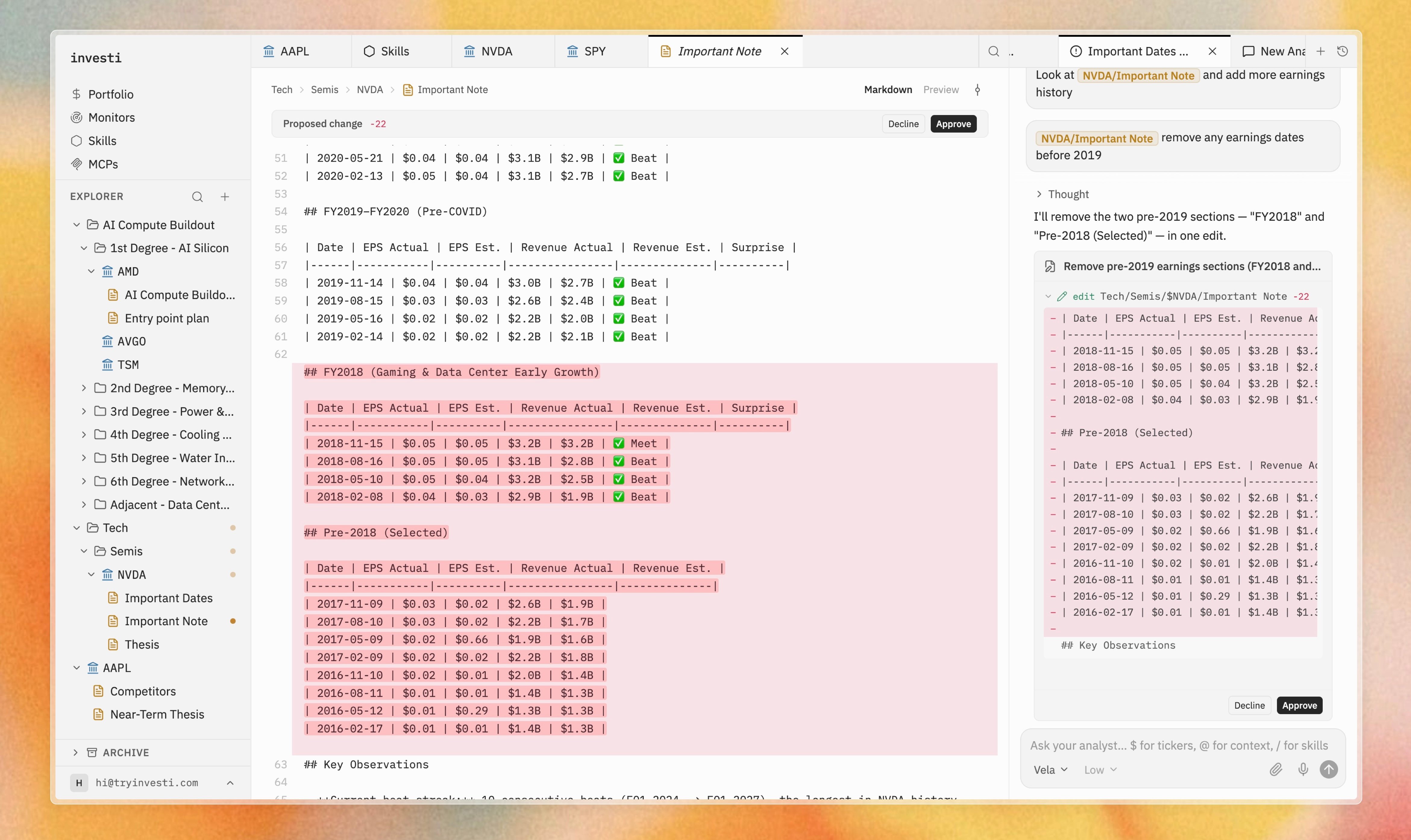 Approval card in chat next to a side-by-side note diff and review bar