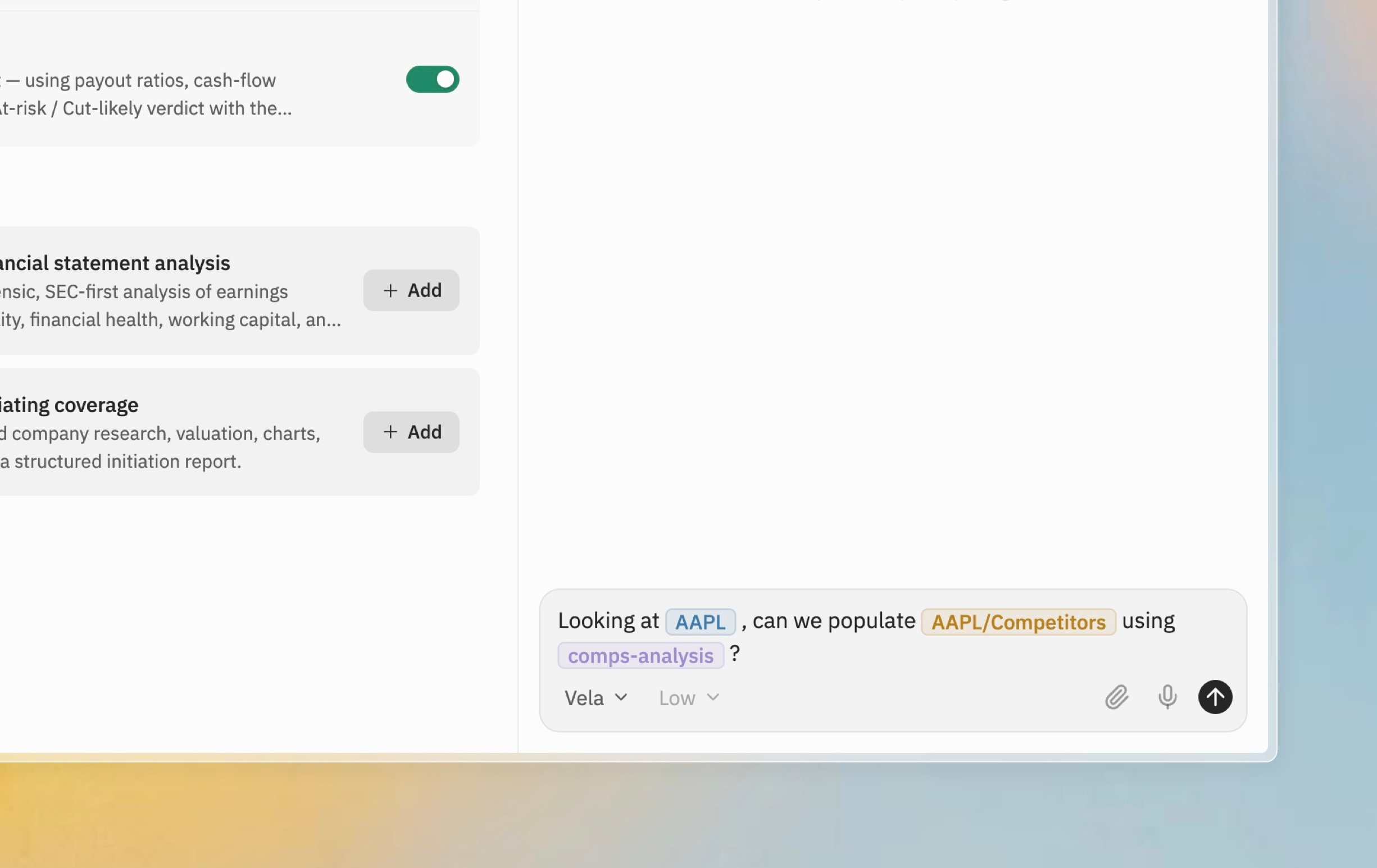 Composer with colored company, context, and skill mention chips