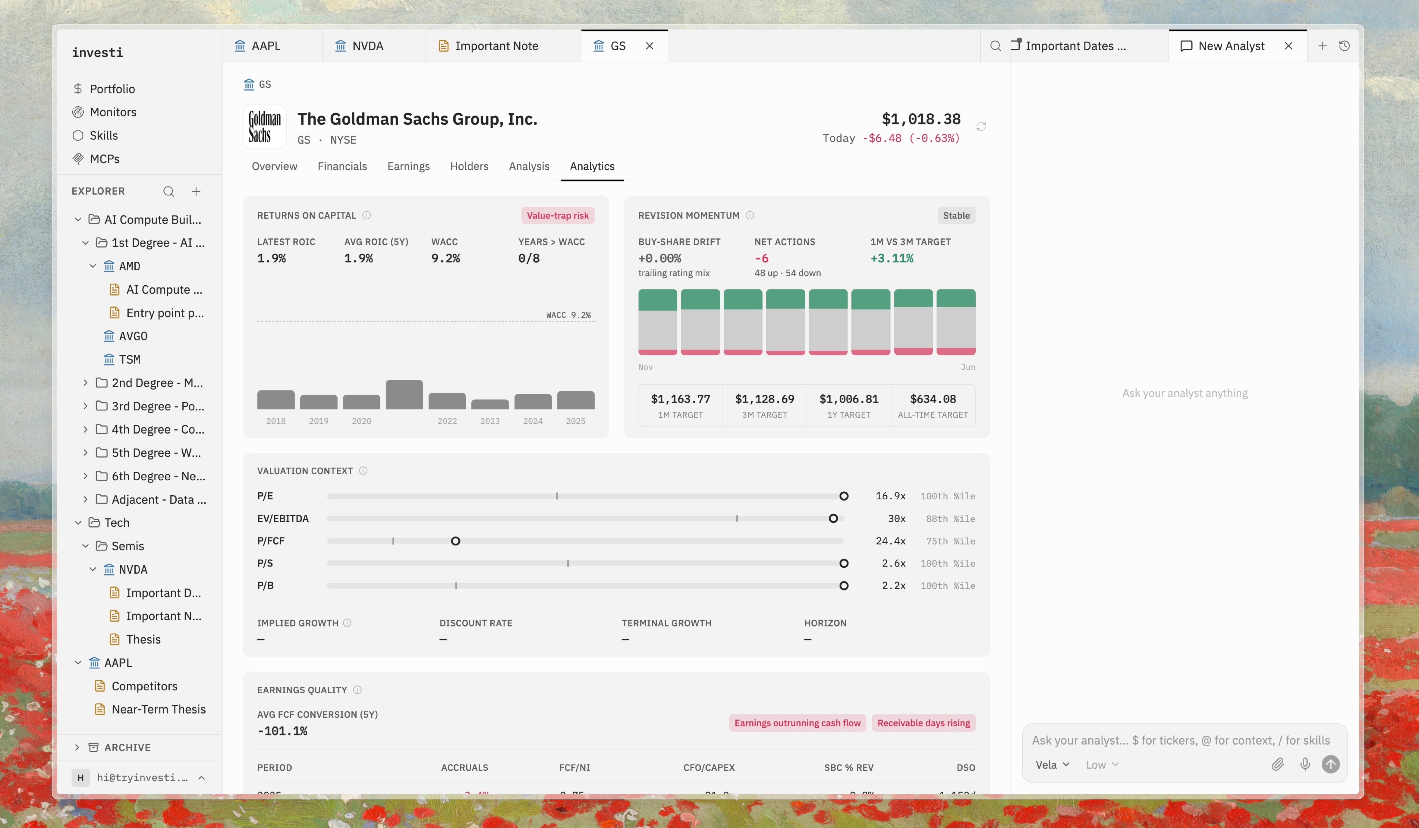 Analytics section with the Returns on Capital and Earnings Quality cards