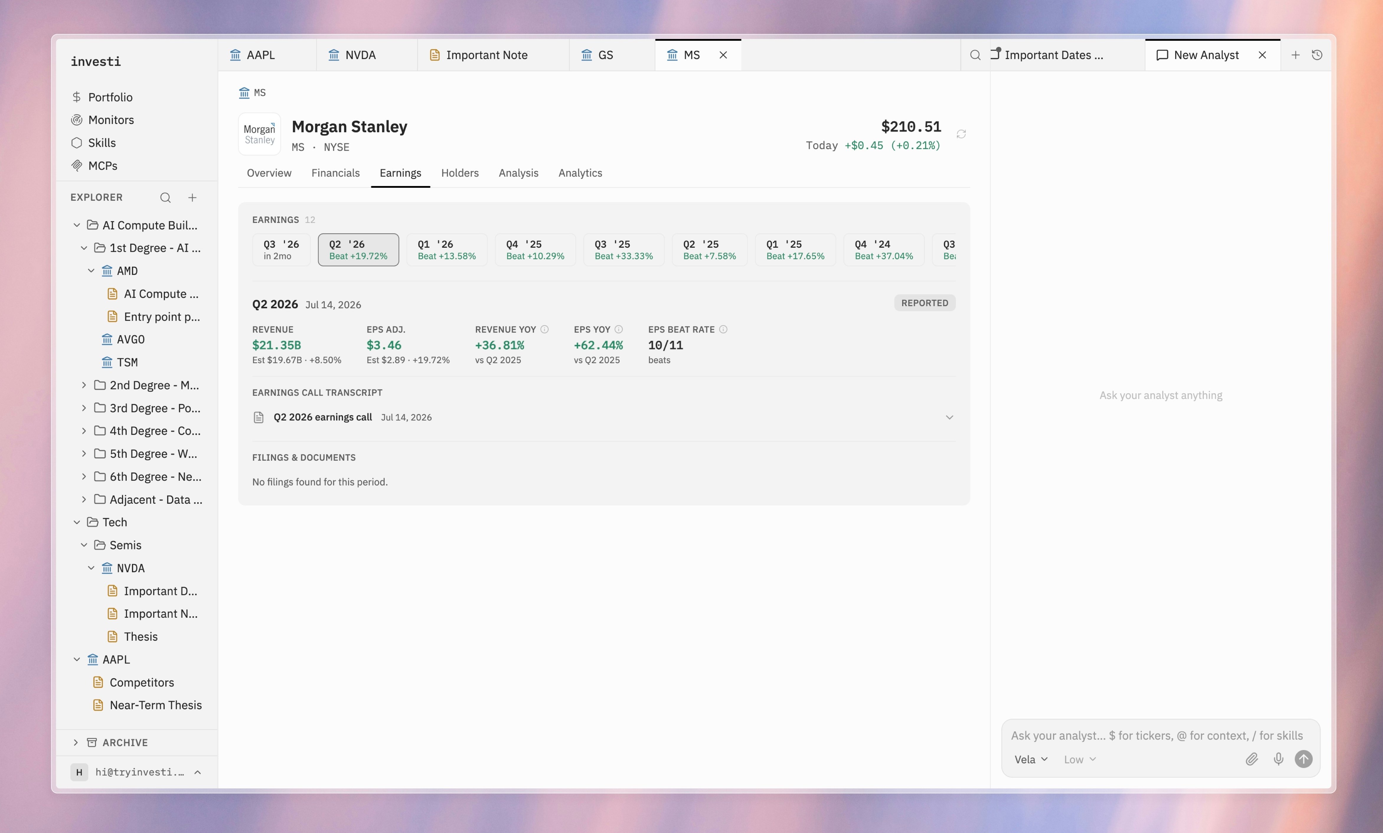 Earnings section with the quarter selector and a per-quarter results card