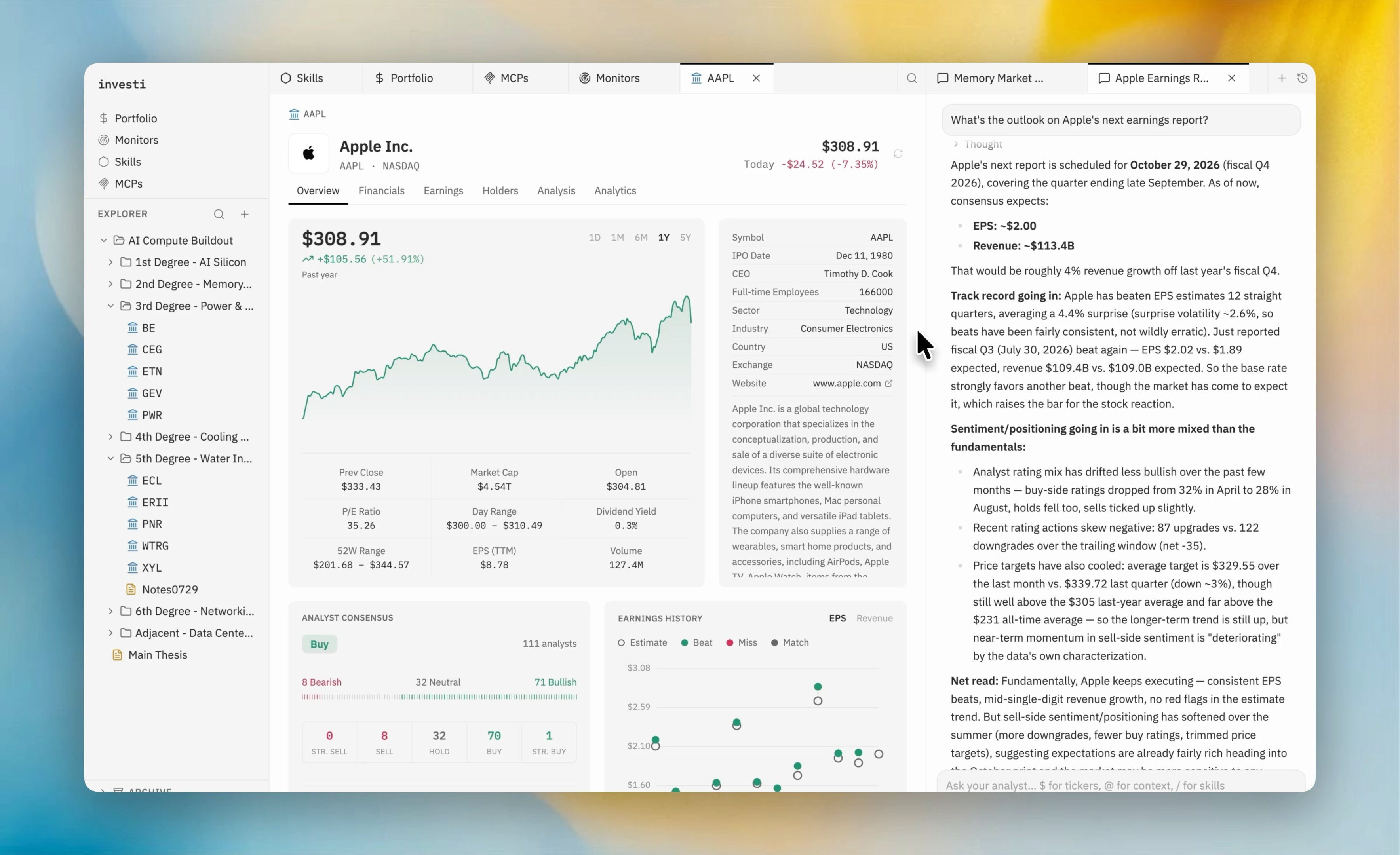 The Investi studio with the explorer, a company tab, and the analyst chat