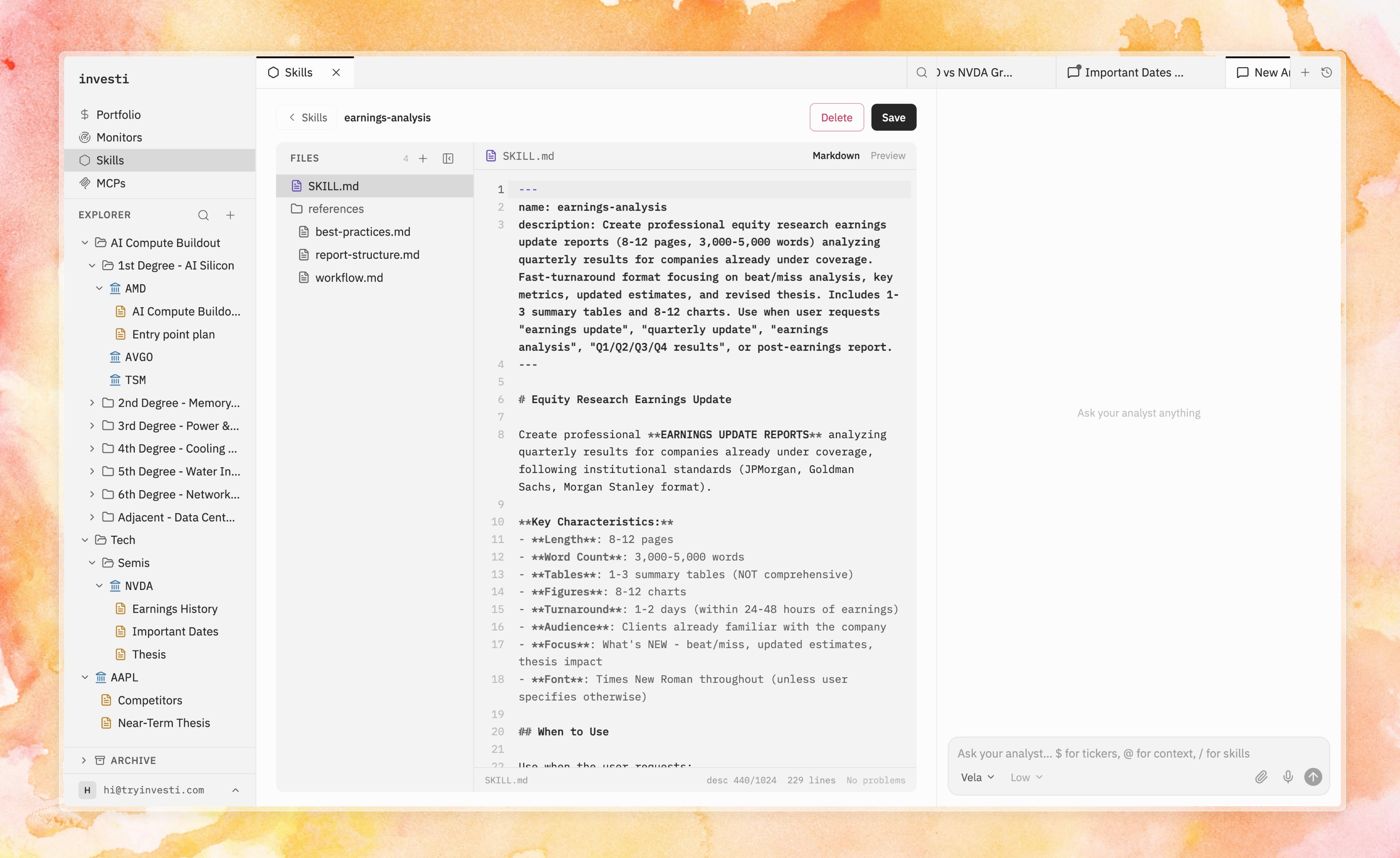 SKILL.md editor with the file explorer, markdown editing, and preview