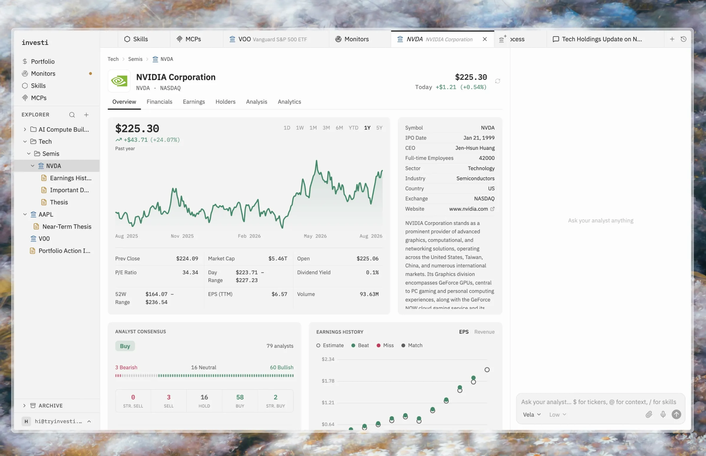 The Investi studio with three panels: navigation and explorer on the left, an NVDA company dashboard in the center, and the analyst chat on the right