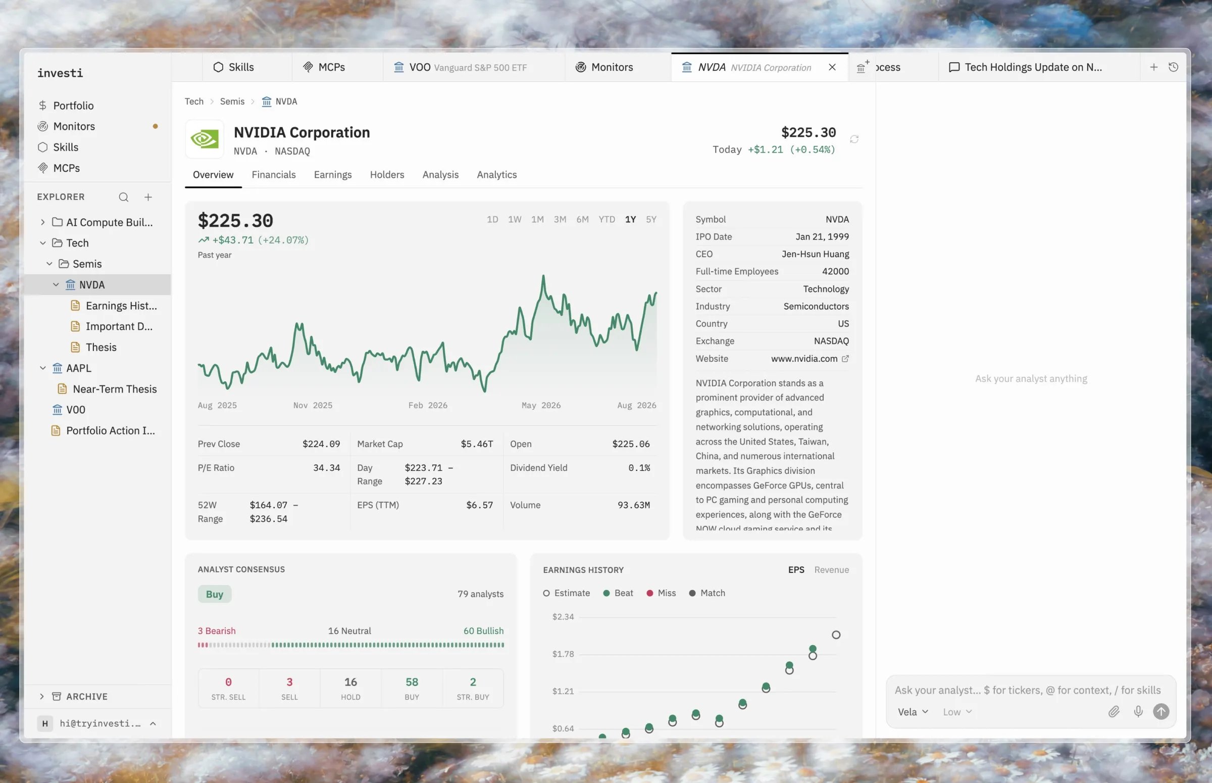 The Investi studio with three panels: navigation and explorer on the left, an NVDA company dashboard in the center, and the analyst chat on the right
