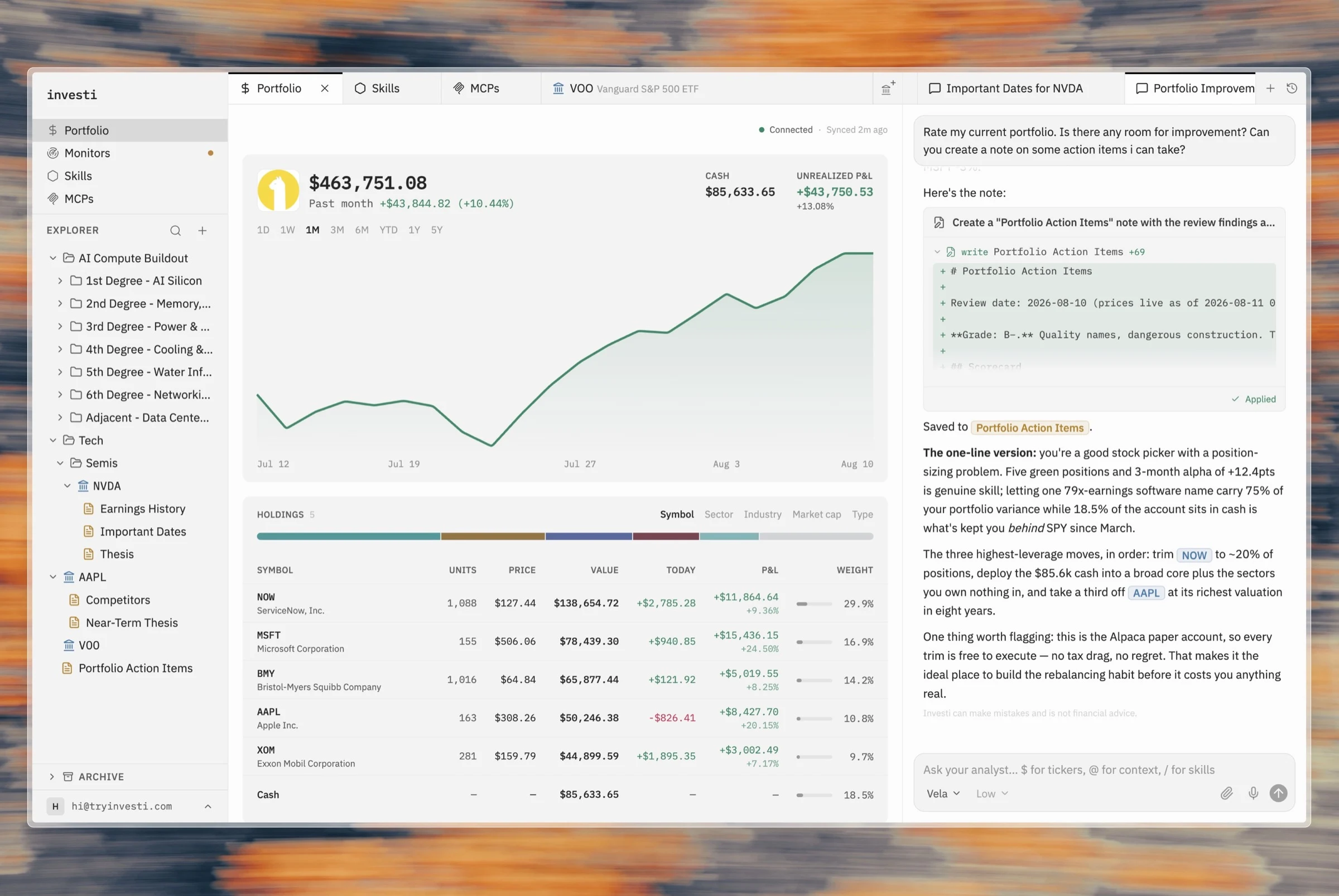 The Investi studio: explorer of companies and notes on the left, a portfolio dashboard in the middle, and the analyst proposing a note as a diff on the right
