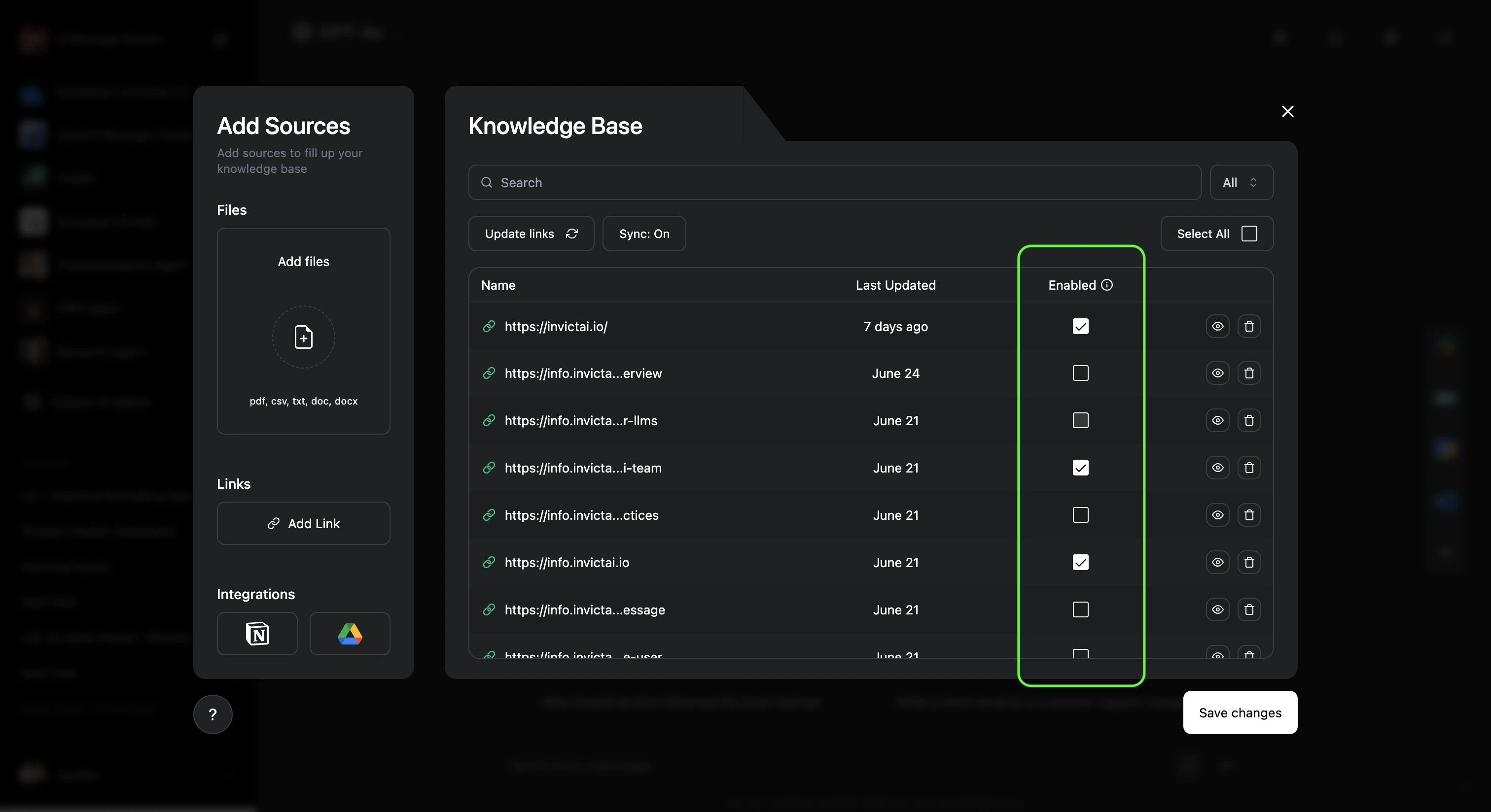Knowledge Base Enabled/Disabled