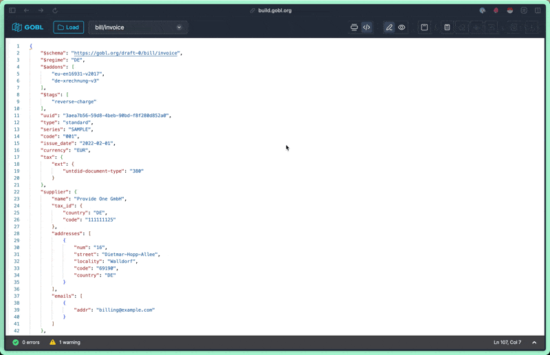 Correcting an invoice in the GOBL builder