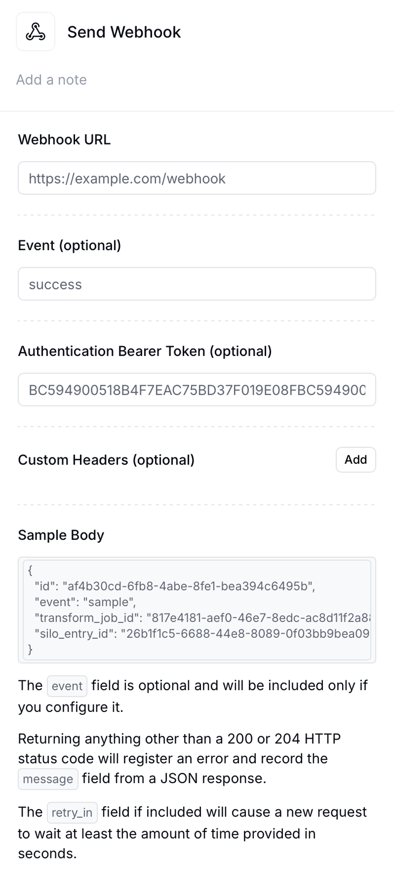 Webhook step configuration