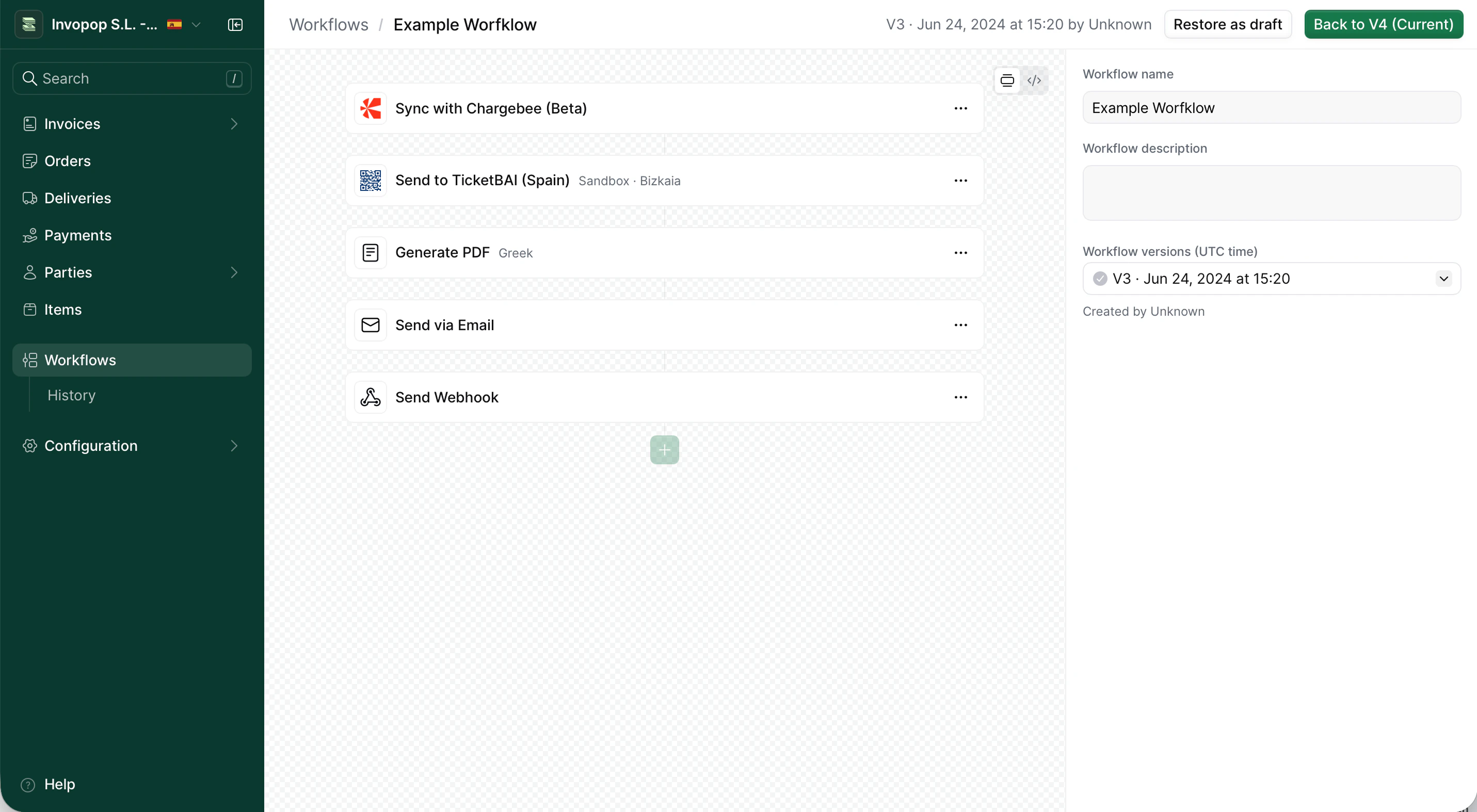 Workflow version preview with restore option