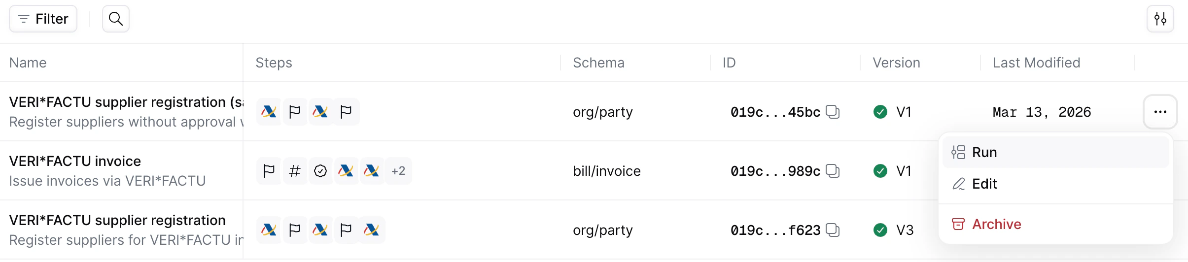 Run option in the workflow list menu