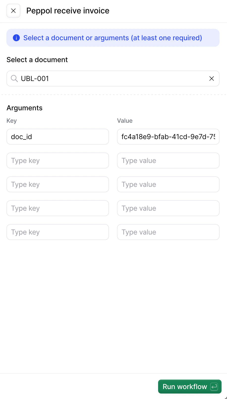 Run workflow panel with a document and arguments filled in