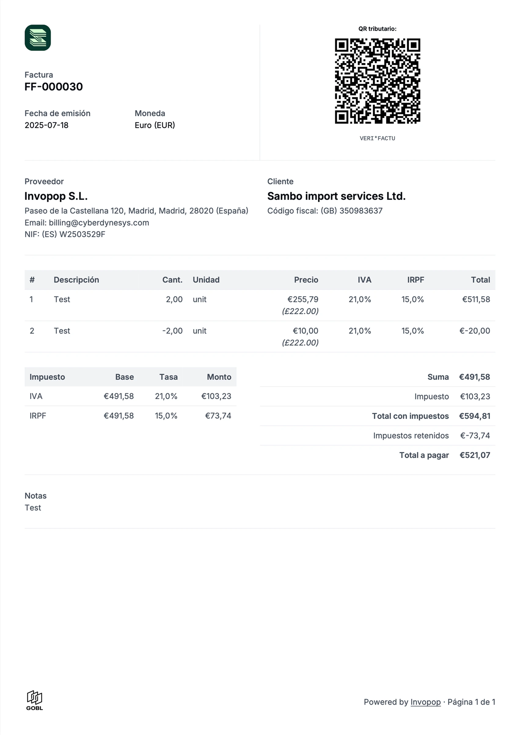 Example VERI*FACTU invoice with QR