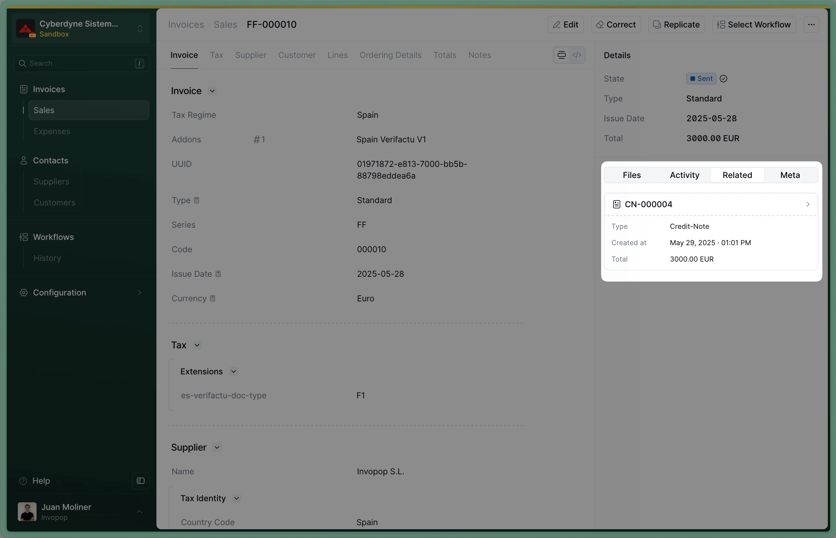 Invoice related to a credit note