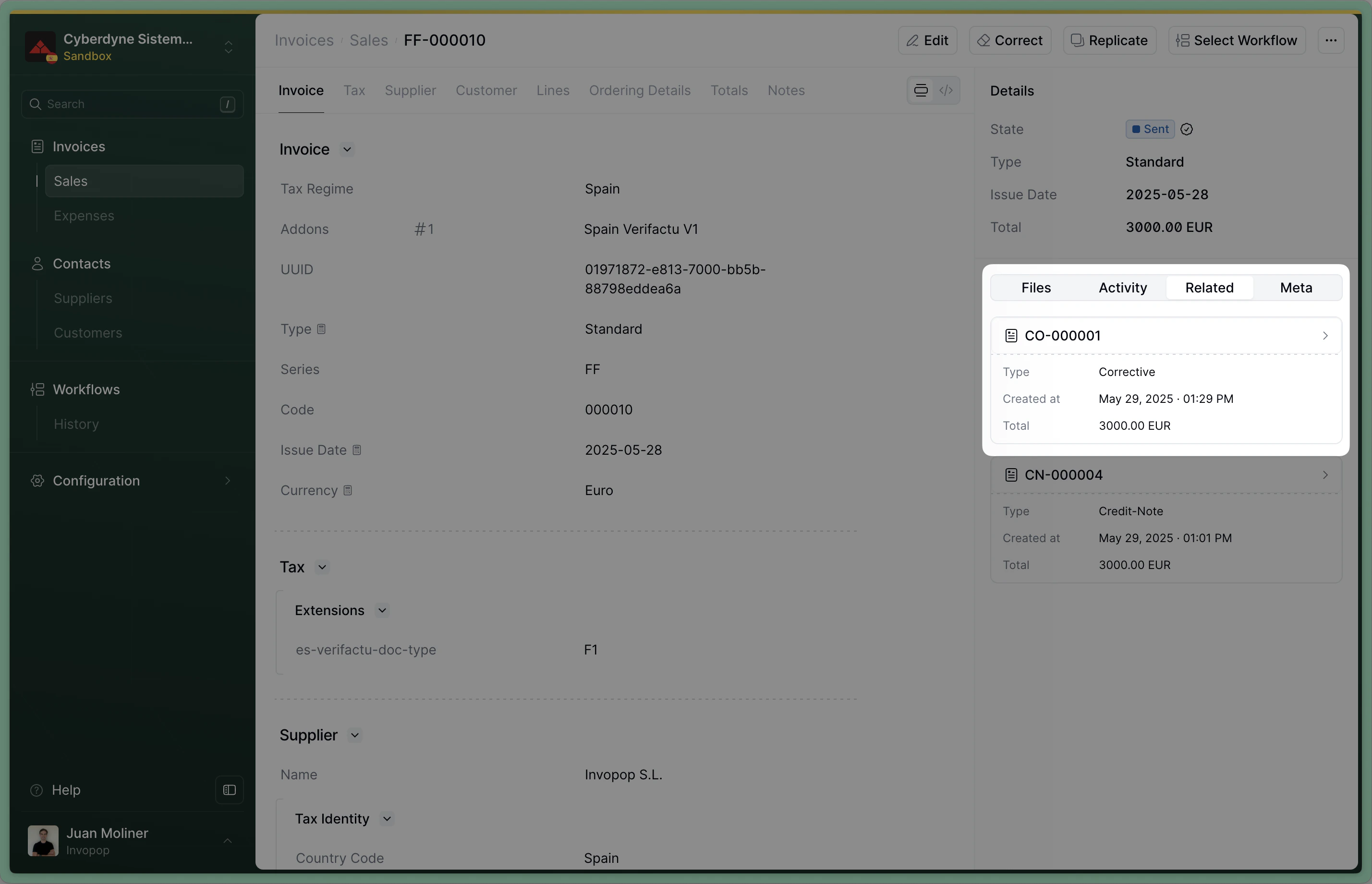 Invoice related to a corrective invoice