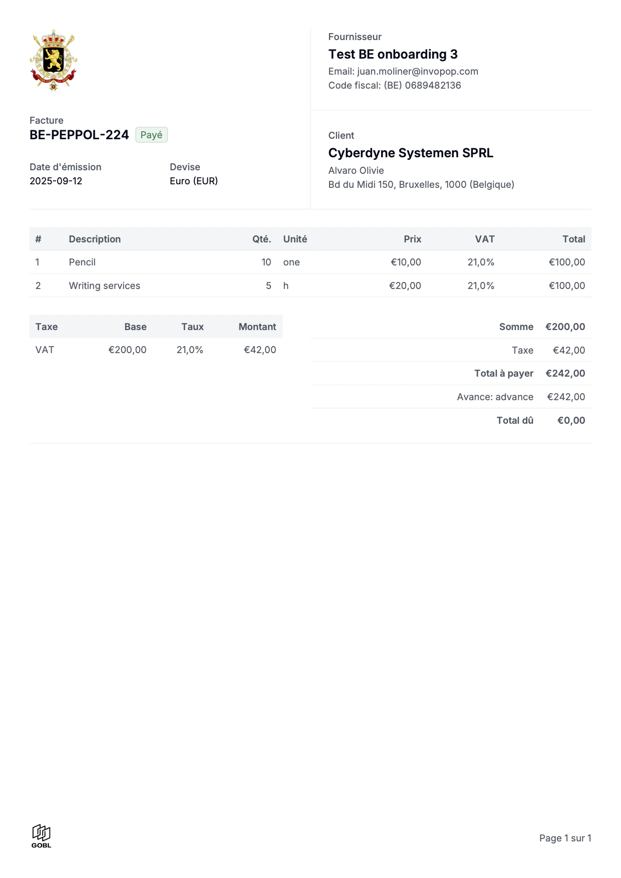 Example PDF invoice - Belgian invoice in French