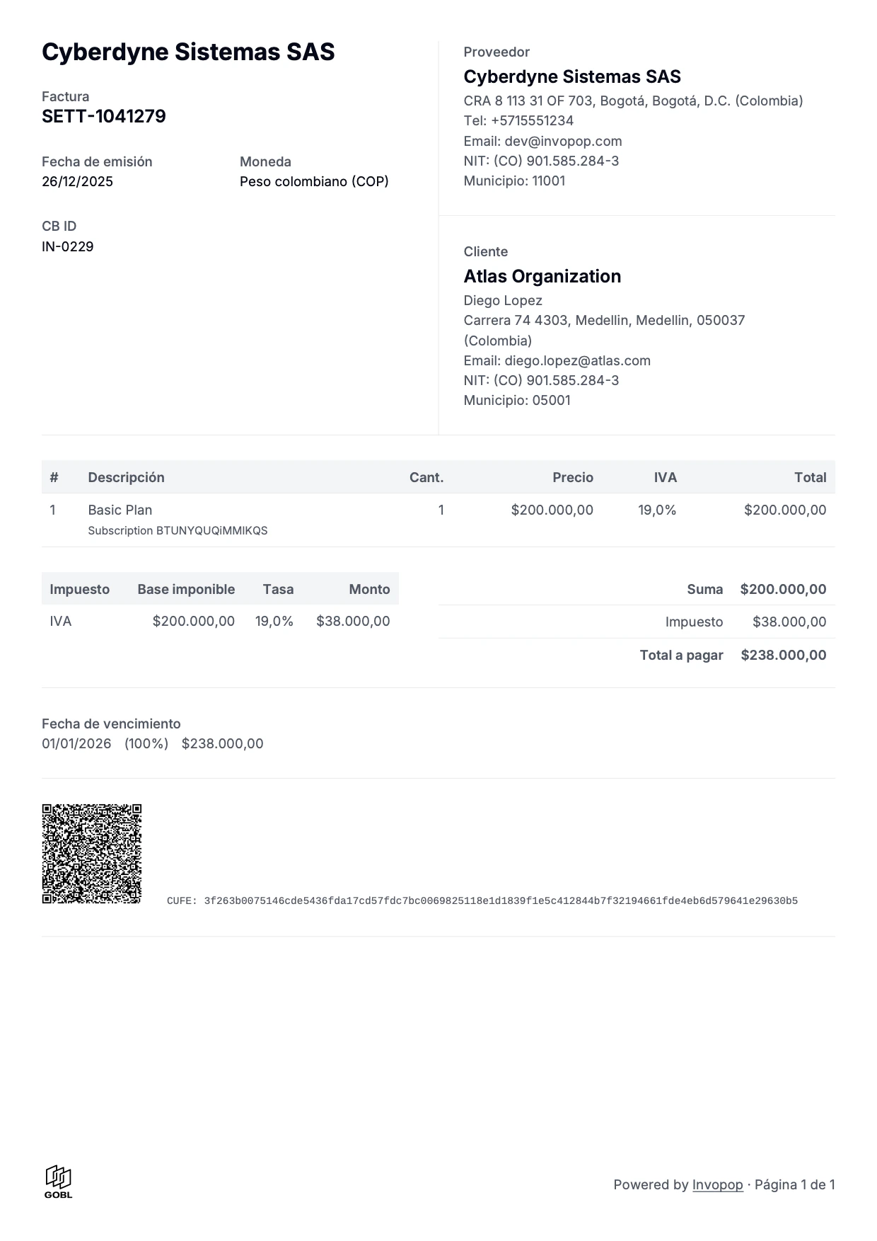Example PDF invoice - Colombian invoice in Spanish