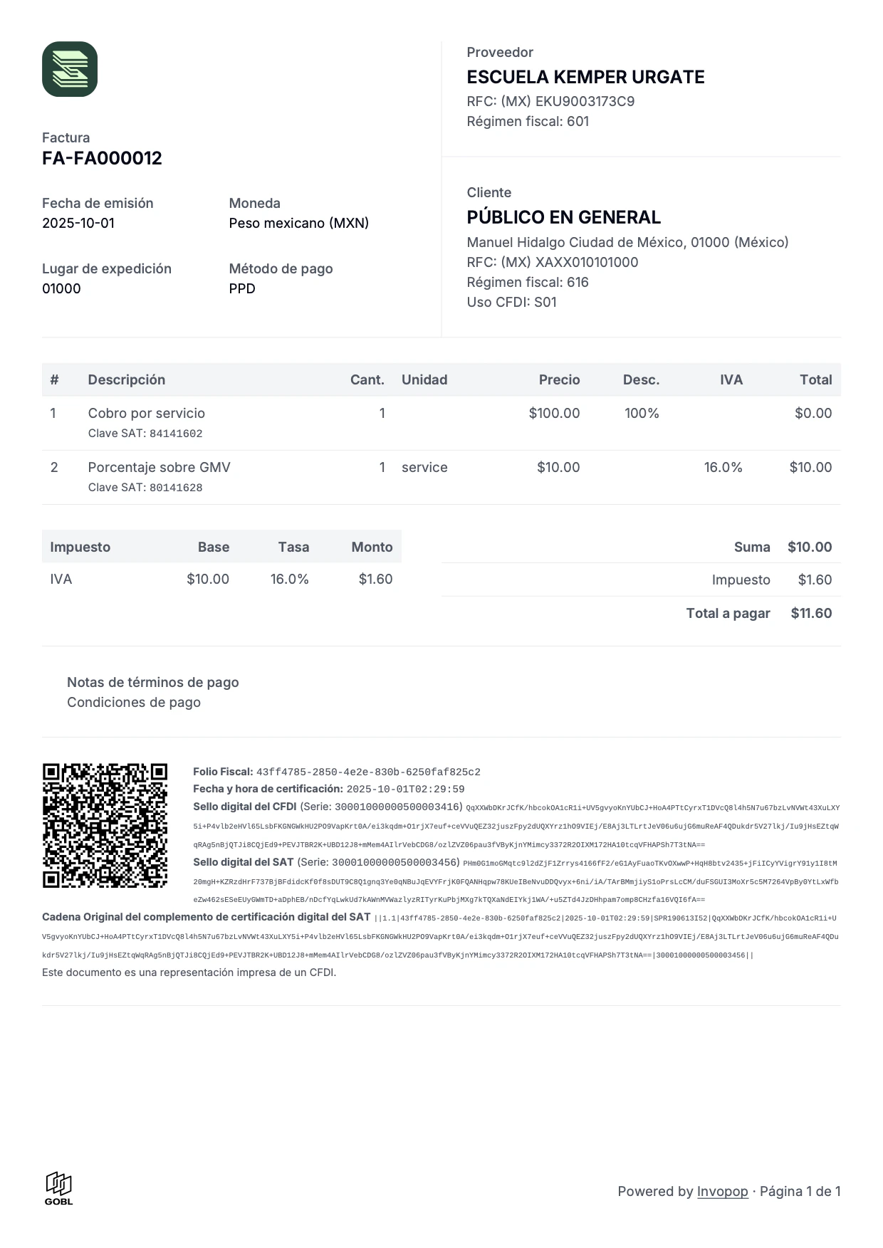 Example PDF invoice - Mexican invoice in Spanish