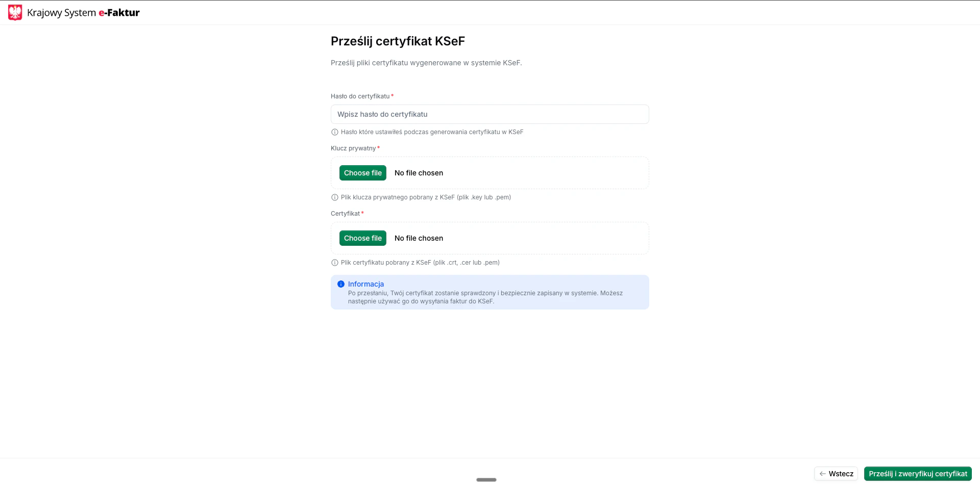 KSeF certificate upload form