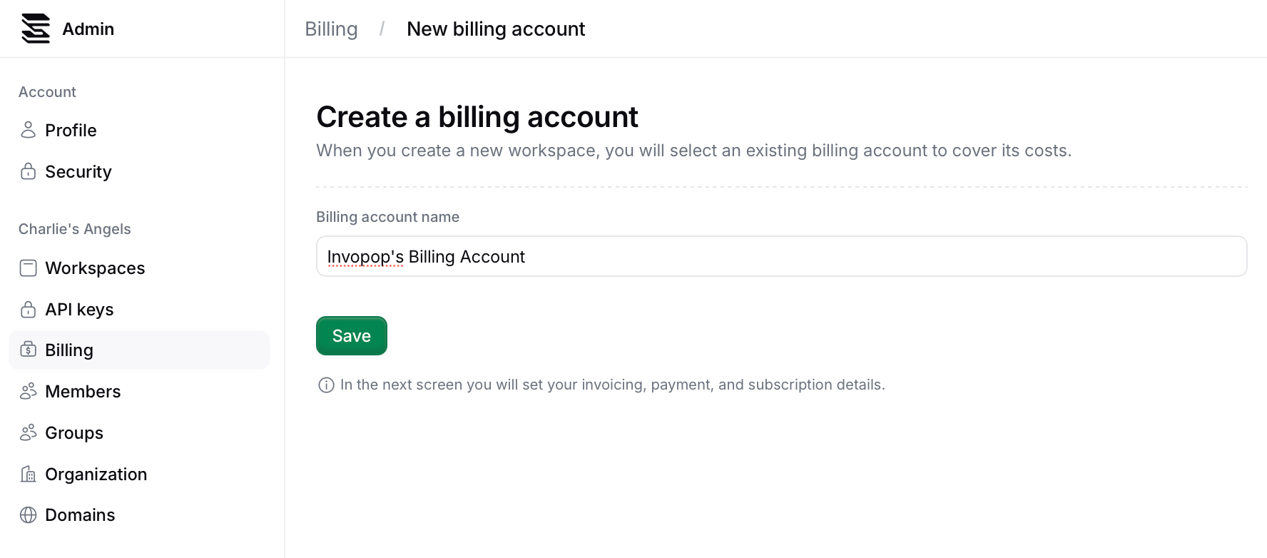 Create a billing account form