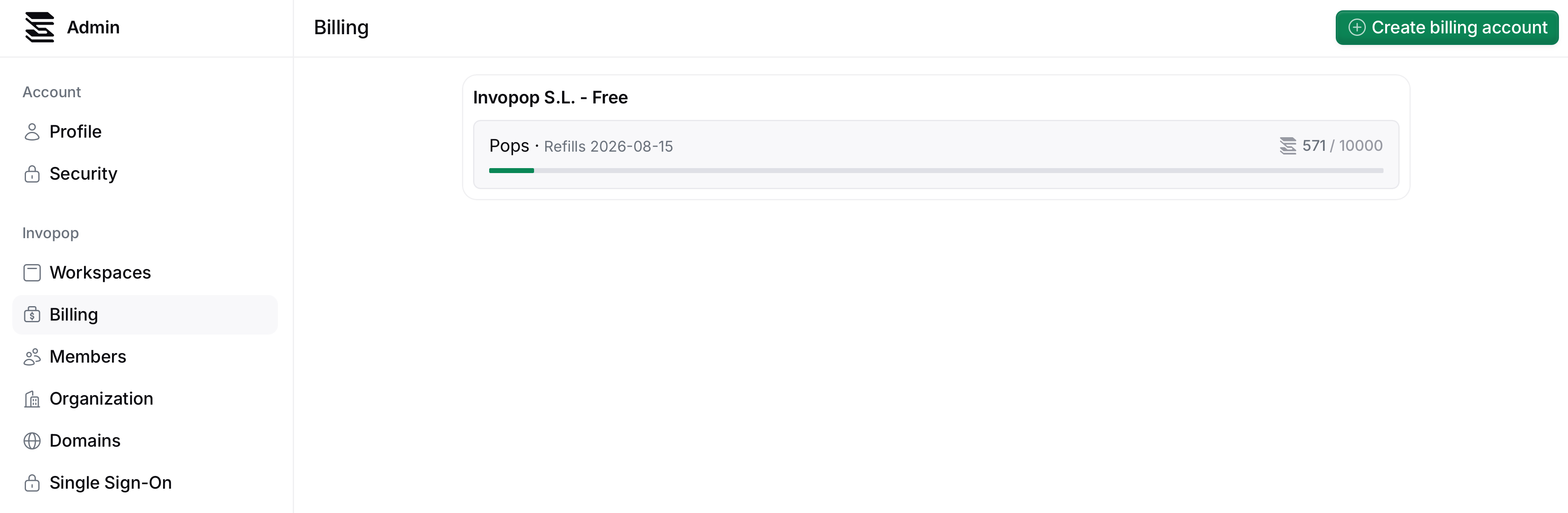 Pops usage progress bar in the billing account
