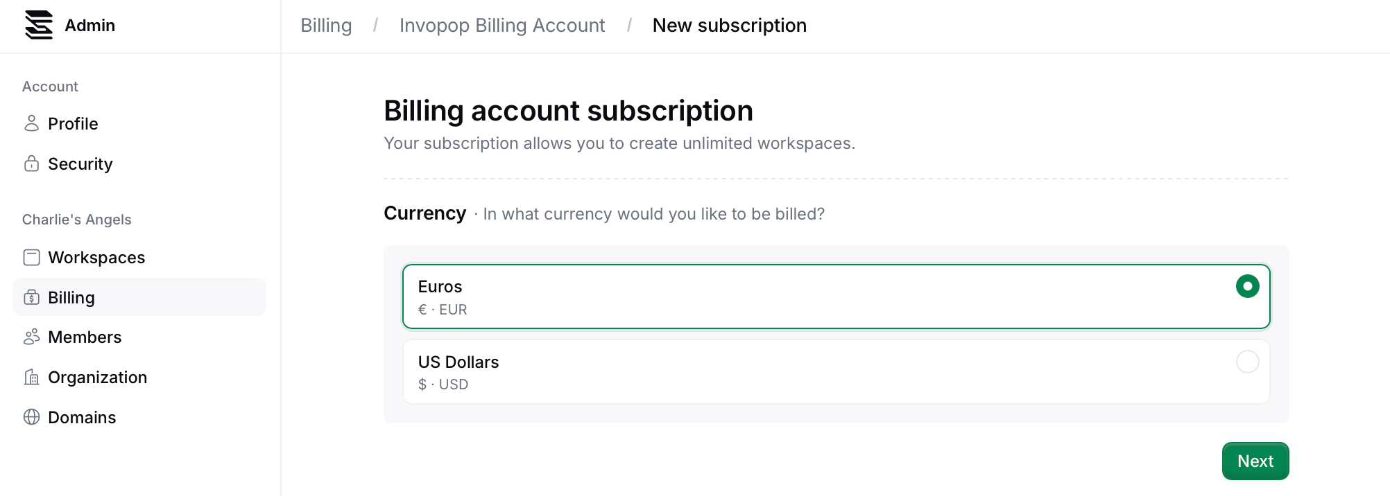 Billing Subscription Currency