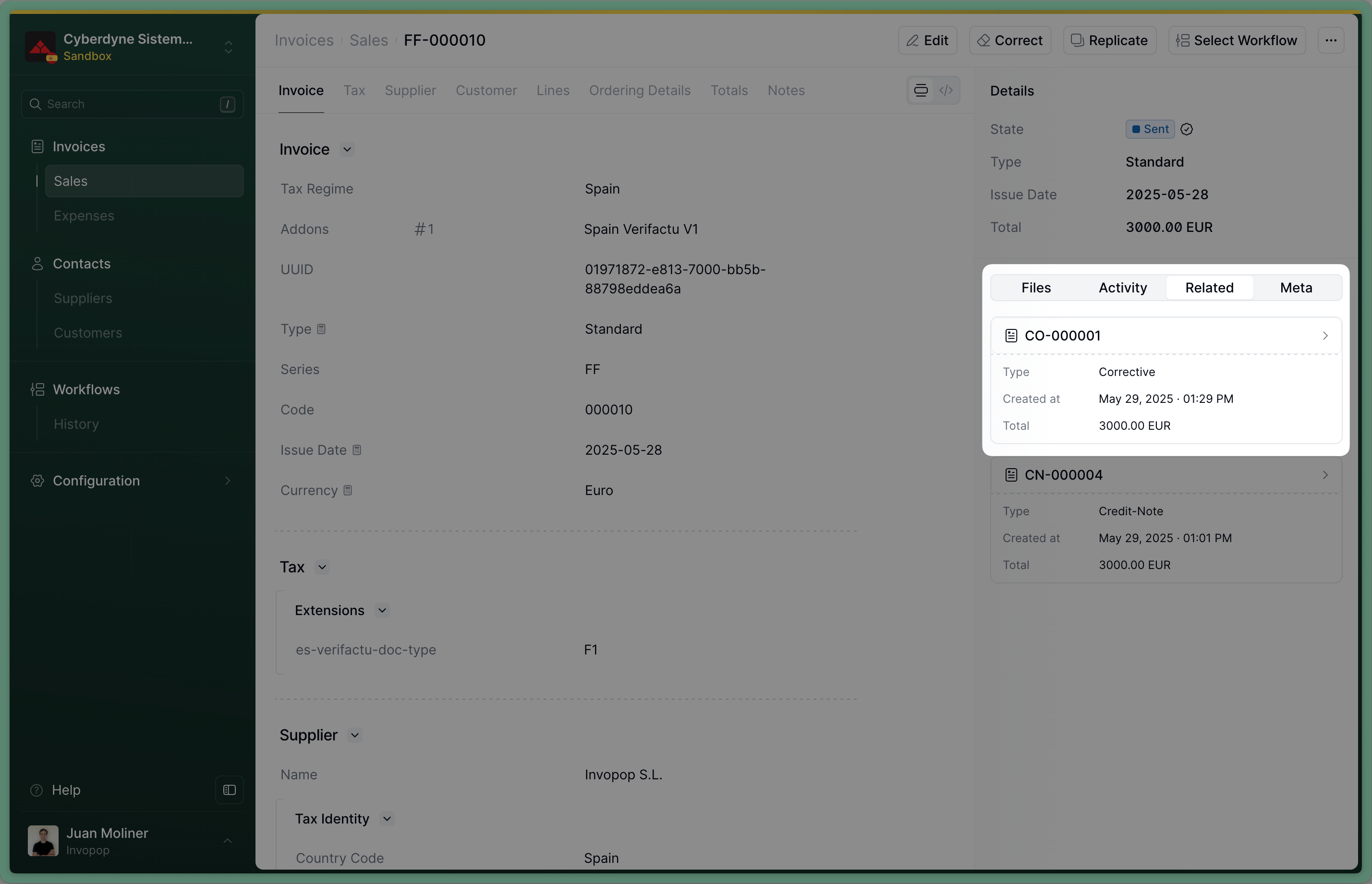 Invoice related to a corrective invoice