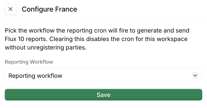France app configuration sidebar with the Reporting Workflow selector