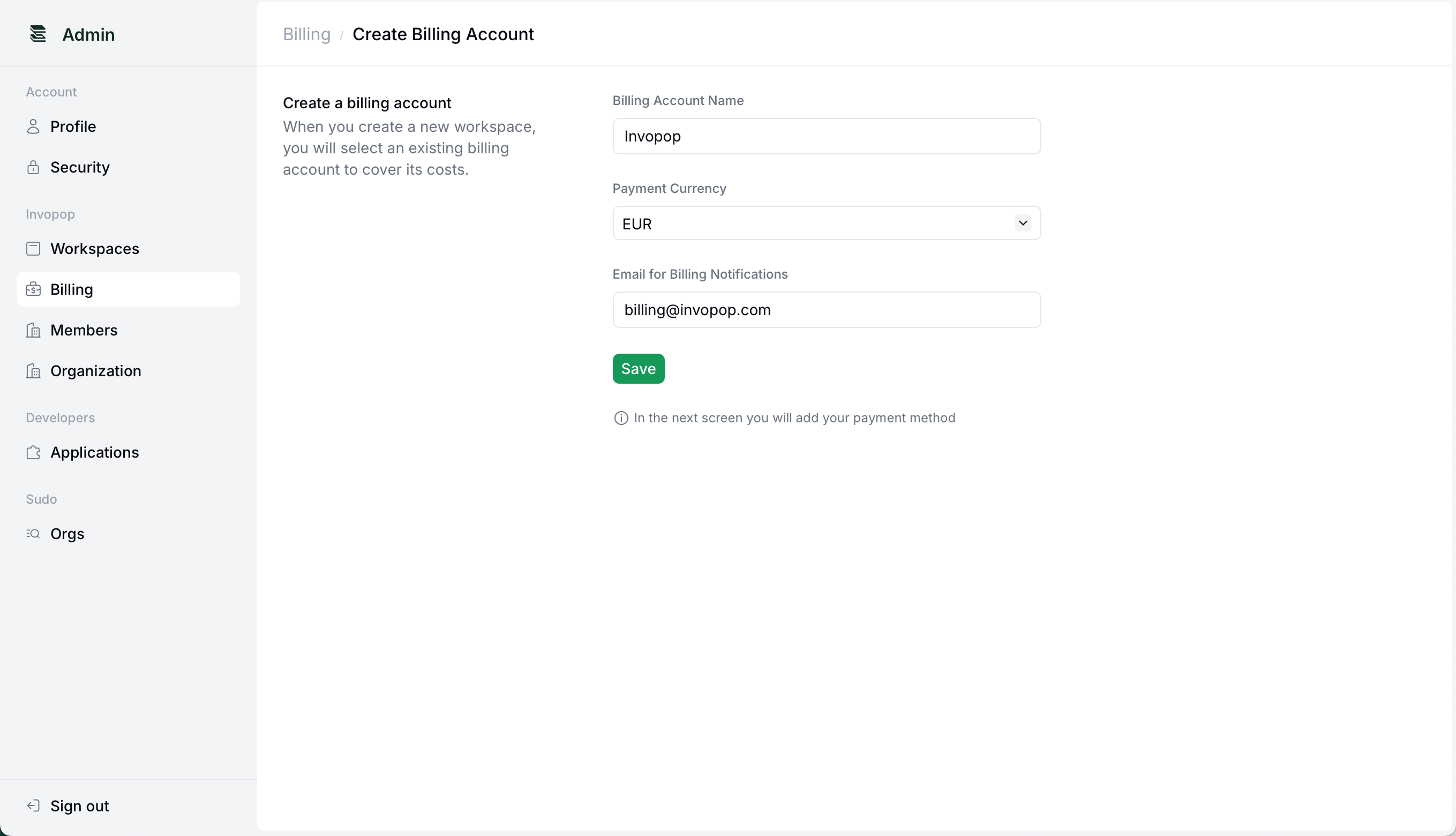 Billing setup